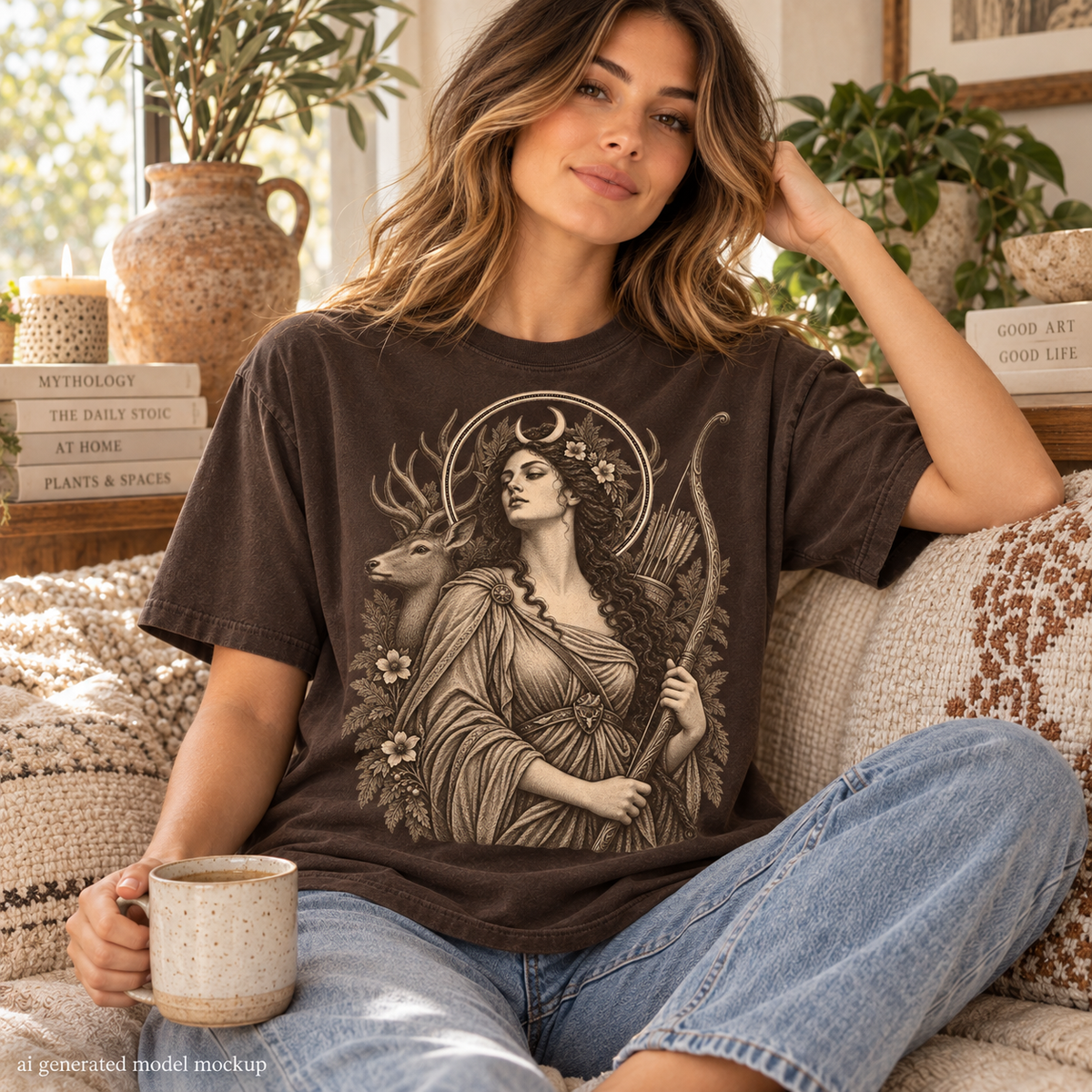 Brown t-shirt with graphic of Artemis holding a bow and arrow with a deer.