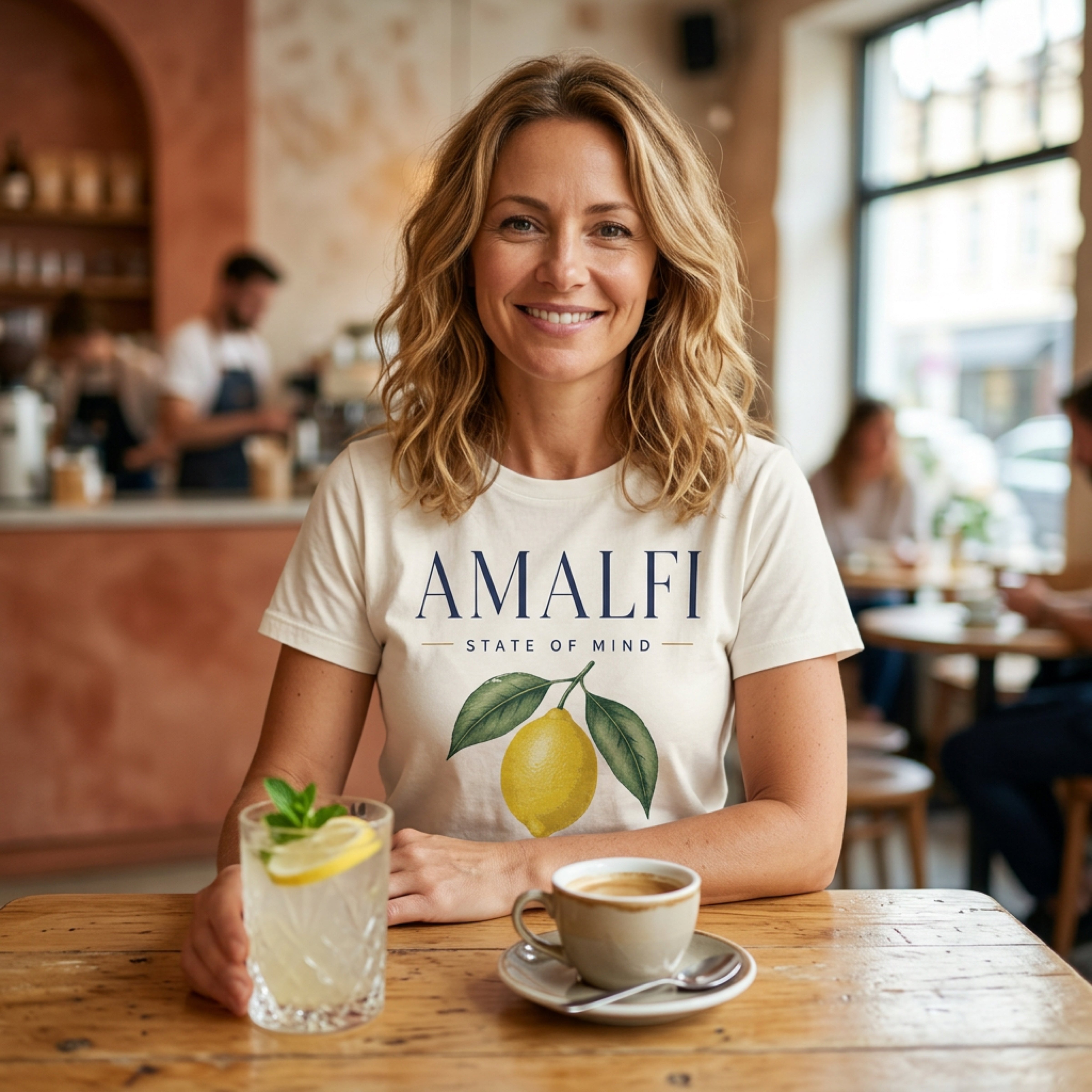 Woman wearing "AMALFI STATE OF MIND" t-shirt with lemon graphic and drink.