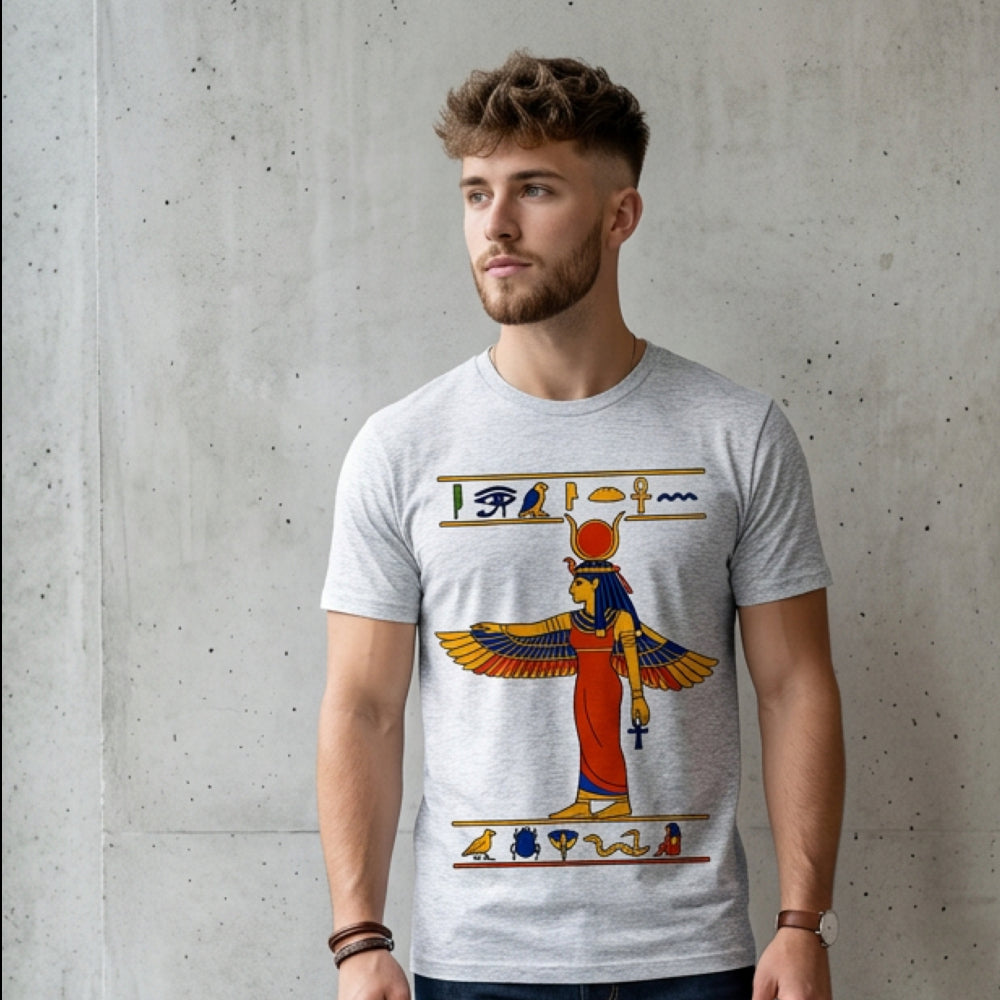 Man wearing gray t-shirt with Egyptian goddess Isis graphic.