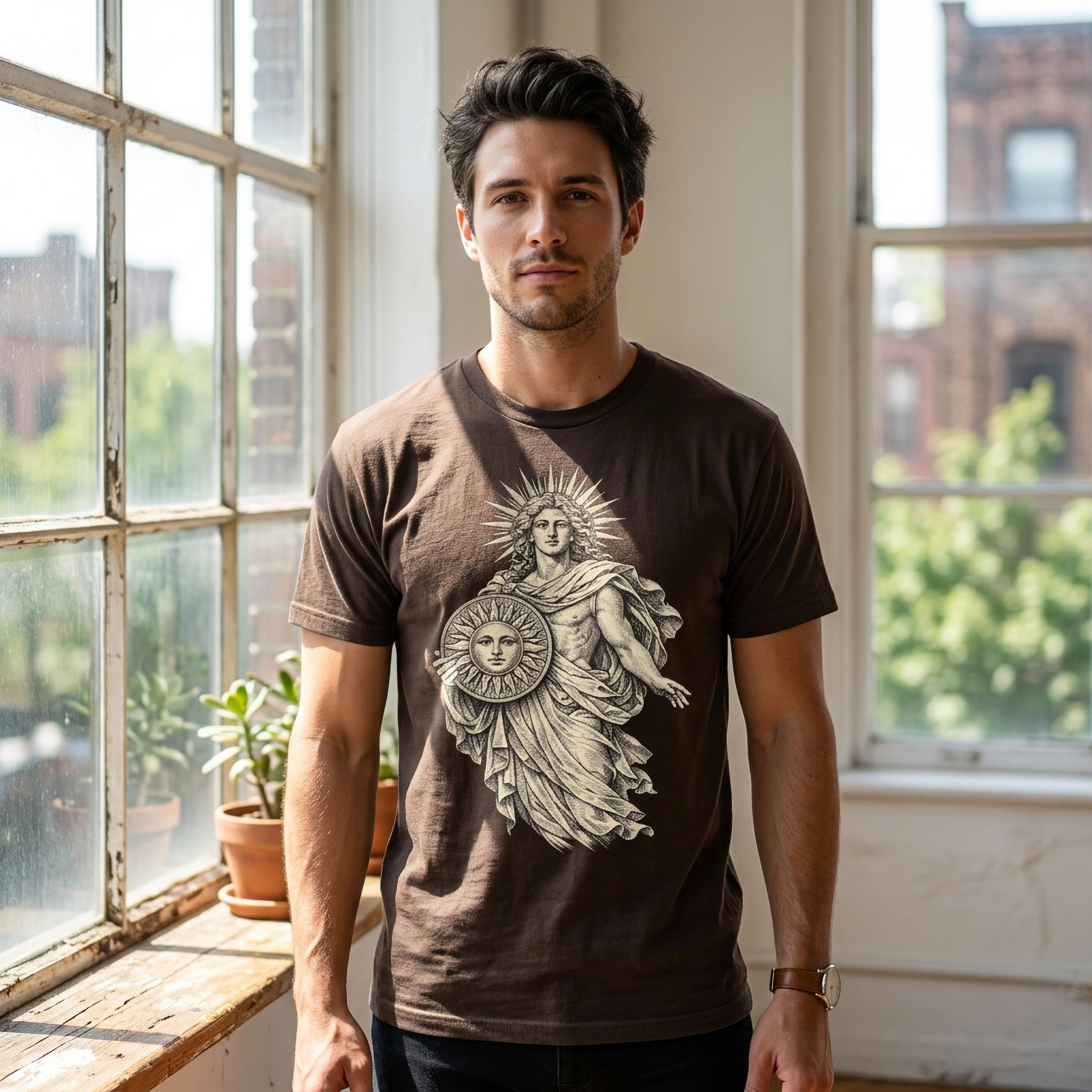 Man wearing a dark brown t-shirt with a mythological figure holding a sun.