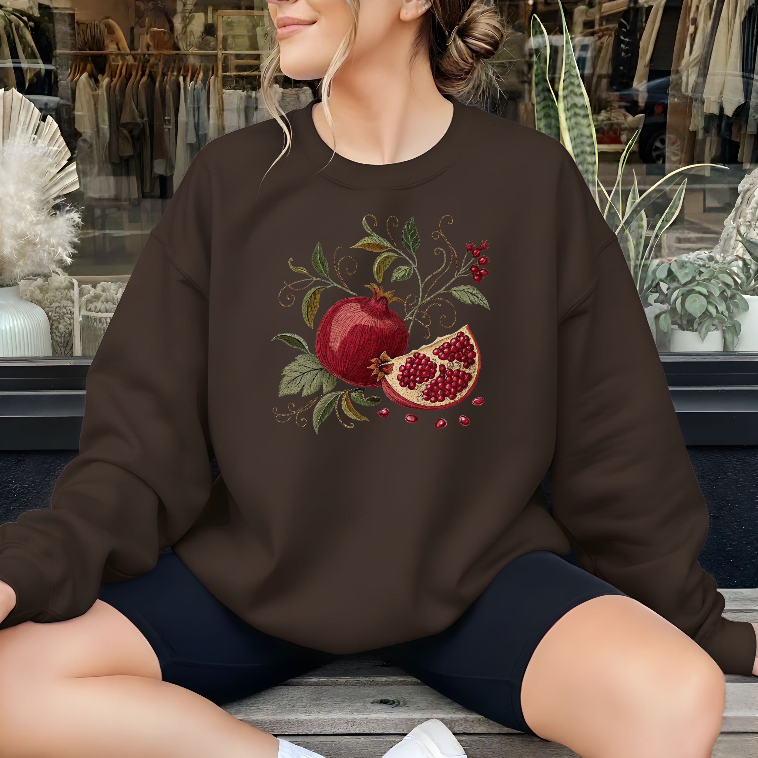 Stylish Brown Sweatshirt with Pomegranate Embroidery