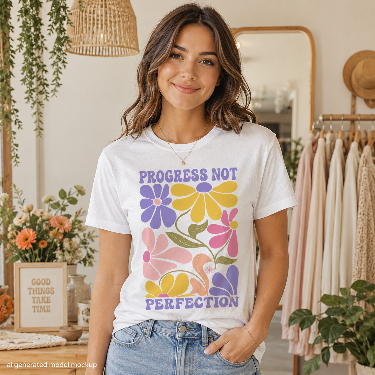 White t-shirt with floral graphic and text "PROGRESS NOT PERFECTION".