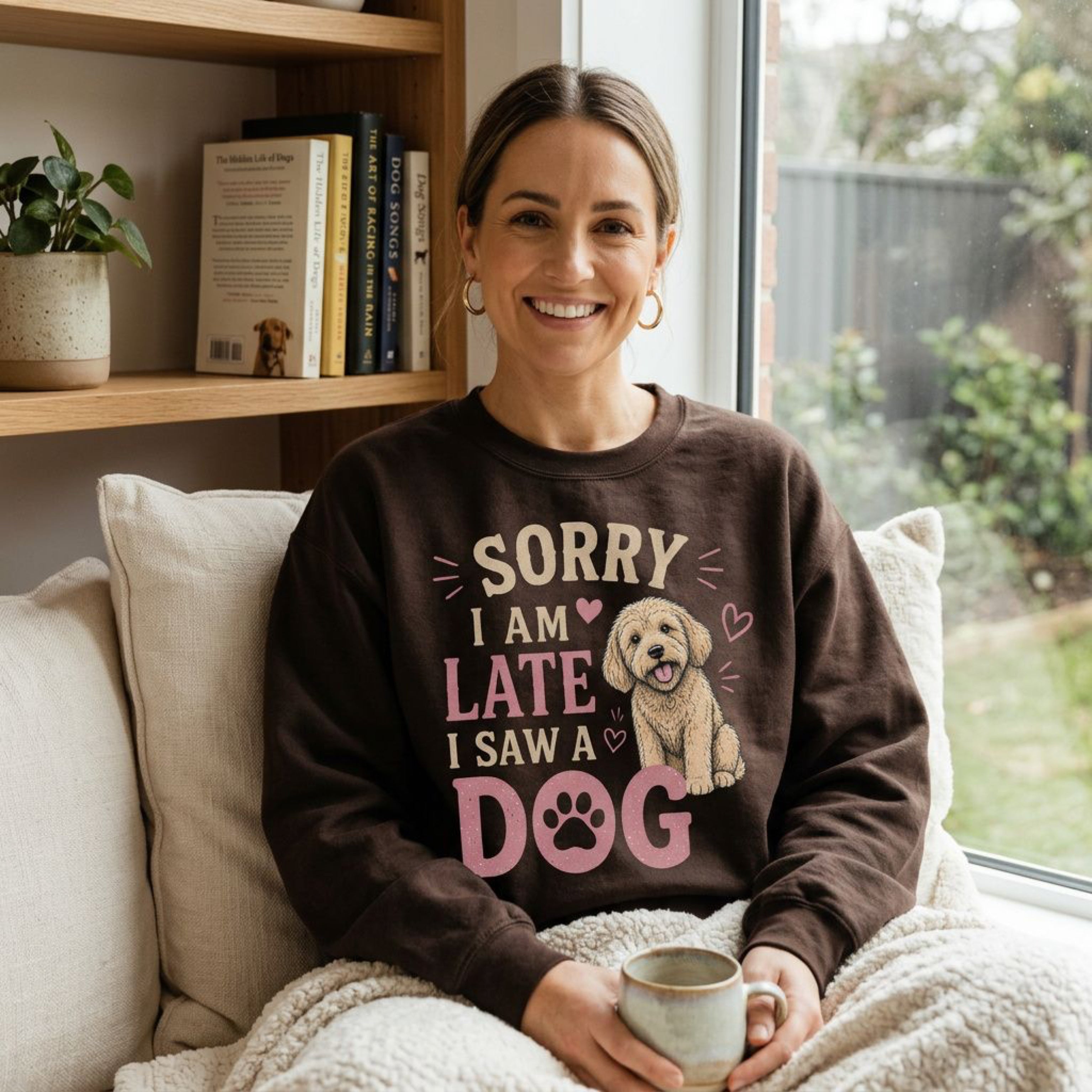 Brown sweatshirt with a golden retriever graphic and "Sorry I Am Late I Saw A Dog" text.