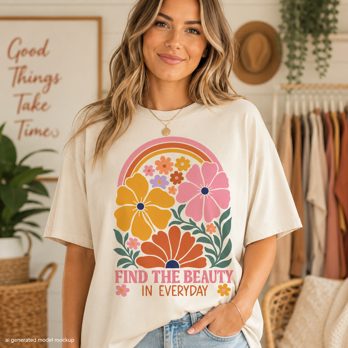 T-shirt with retro floral and rainbow graphic, text "FIND THE BEAUTY IN EVERYDAY".