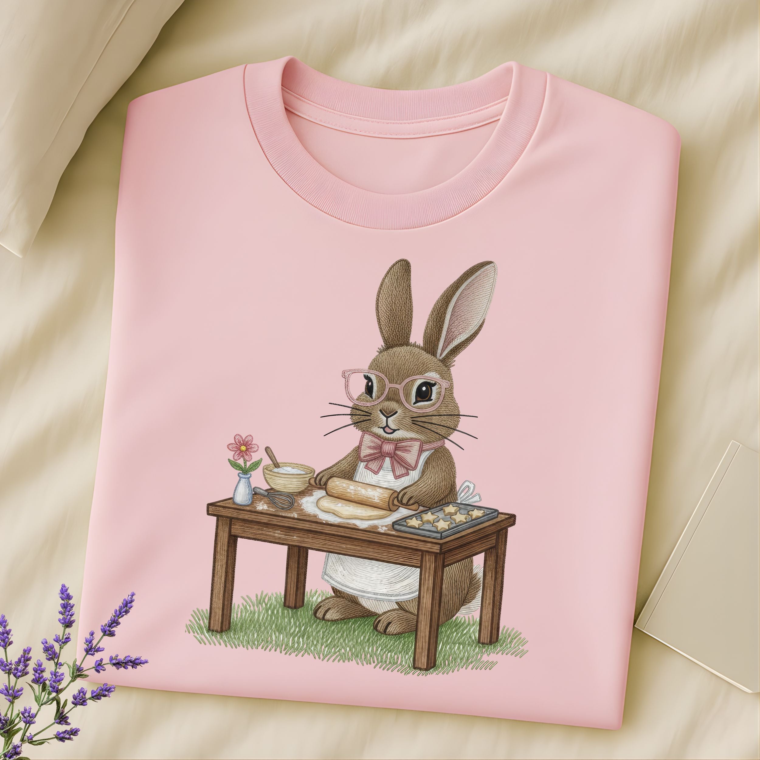 Cute Bunny Baking Graphic Pink T-Shirt for Animal Lovers