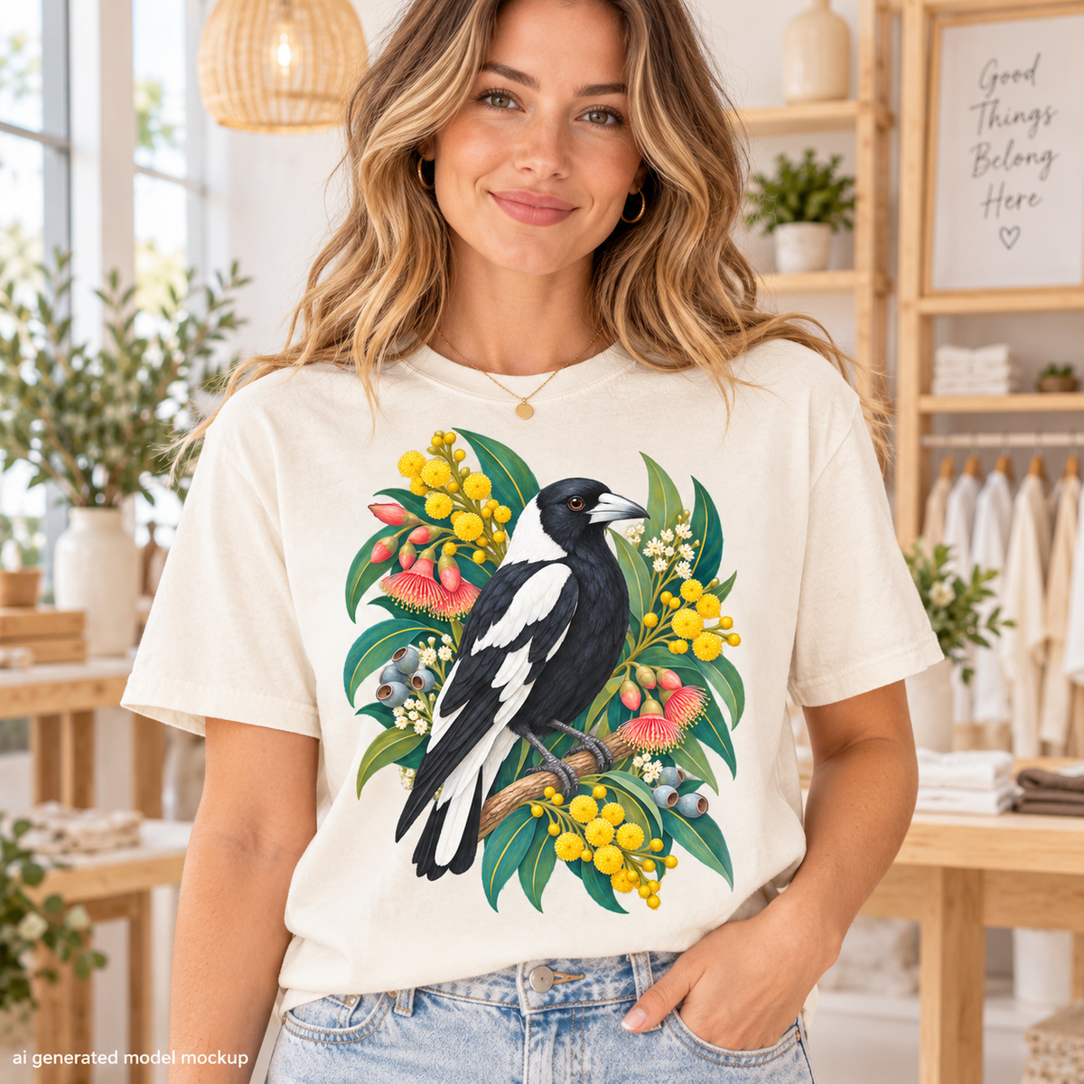 A woman wearing a cream t-shirt with a graphic of a black and white magpie surrounded by flowers.