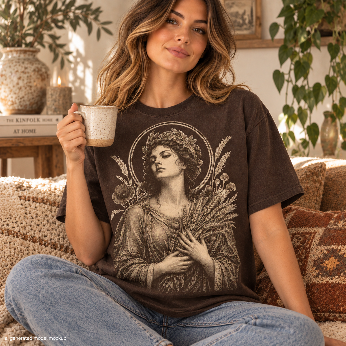 Brown t-shirt with vintage goddess graphic holding wheat and flowers.