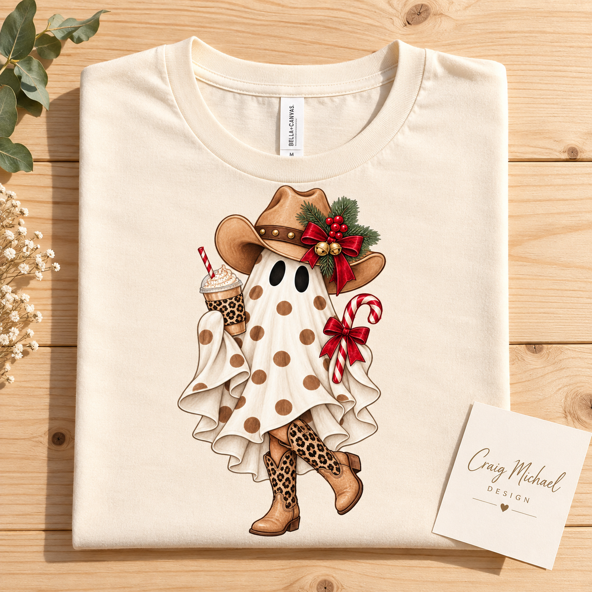 Ghost in cowboy hat, leopard print boots, holding coffee and candy cane.