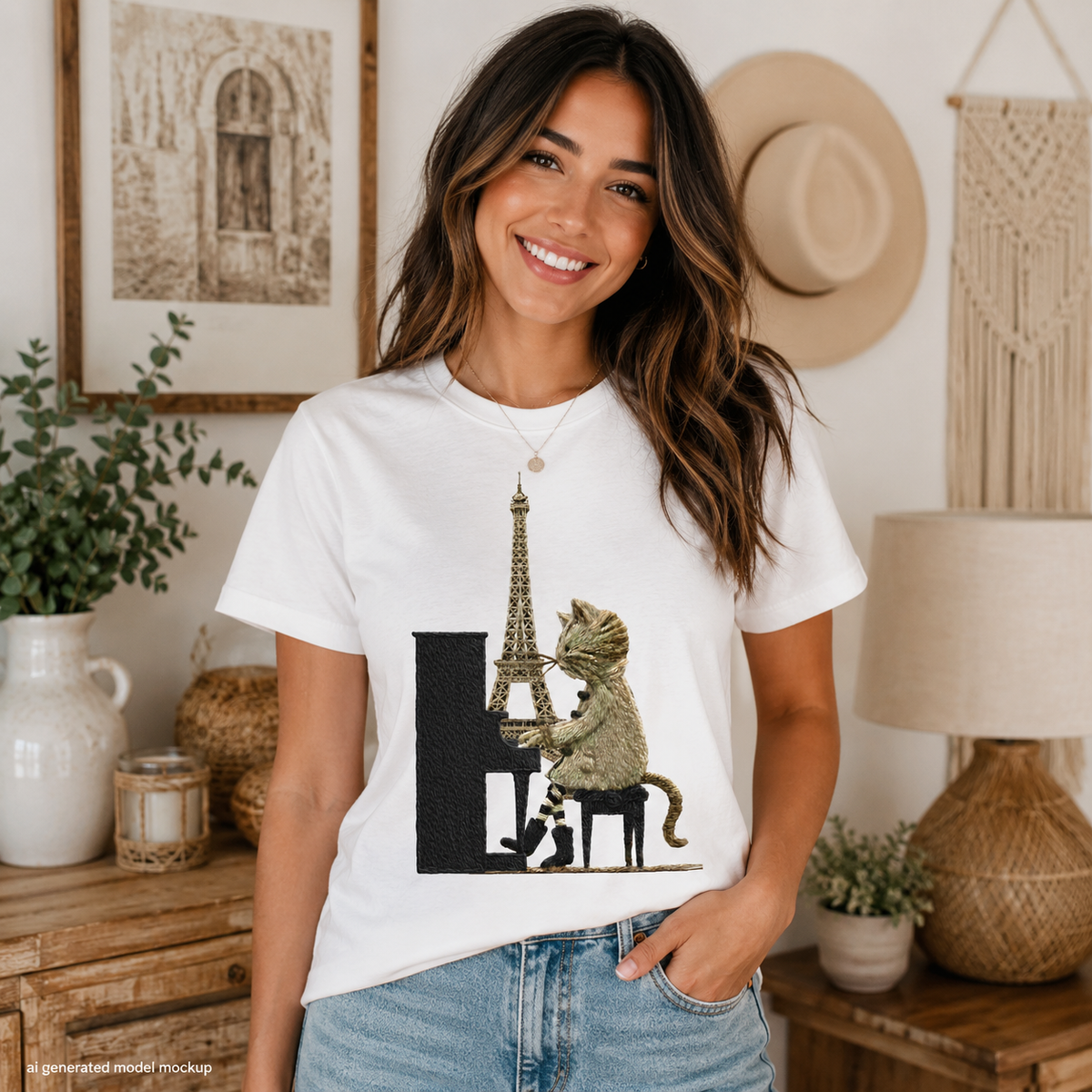 White t-shirt with illustration of cat playing piano in front of Eiffel Tower.