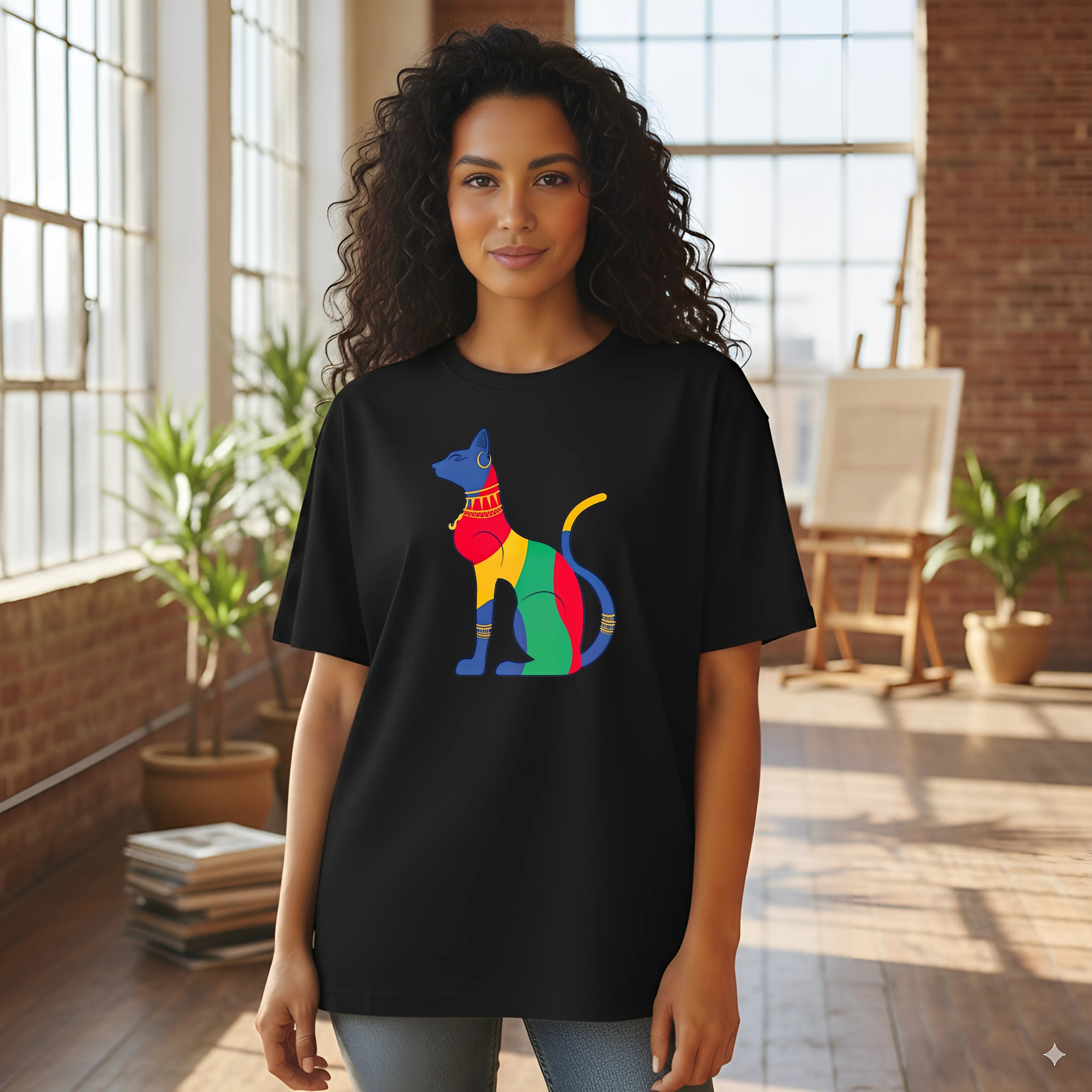 Woman wearing a black t-shirt with a colorful Egyptian Anubis design.