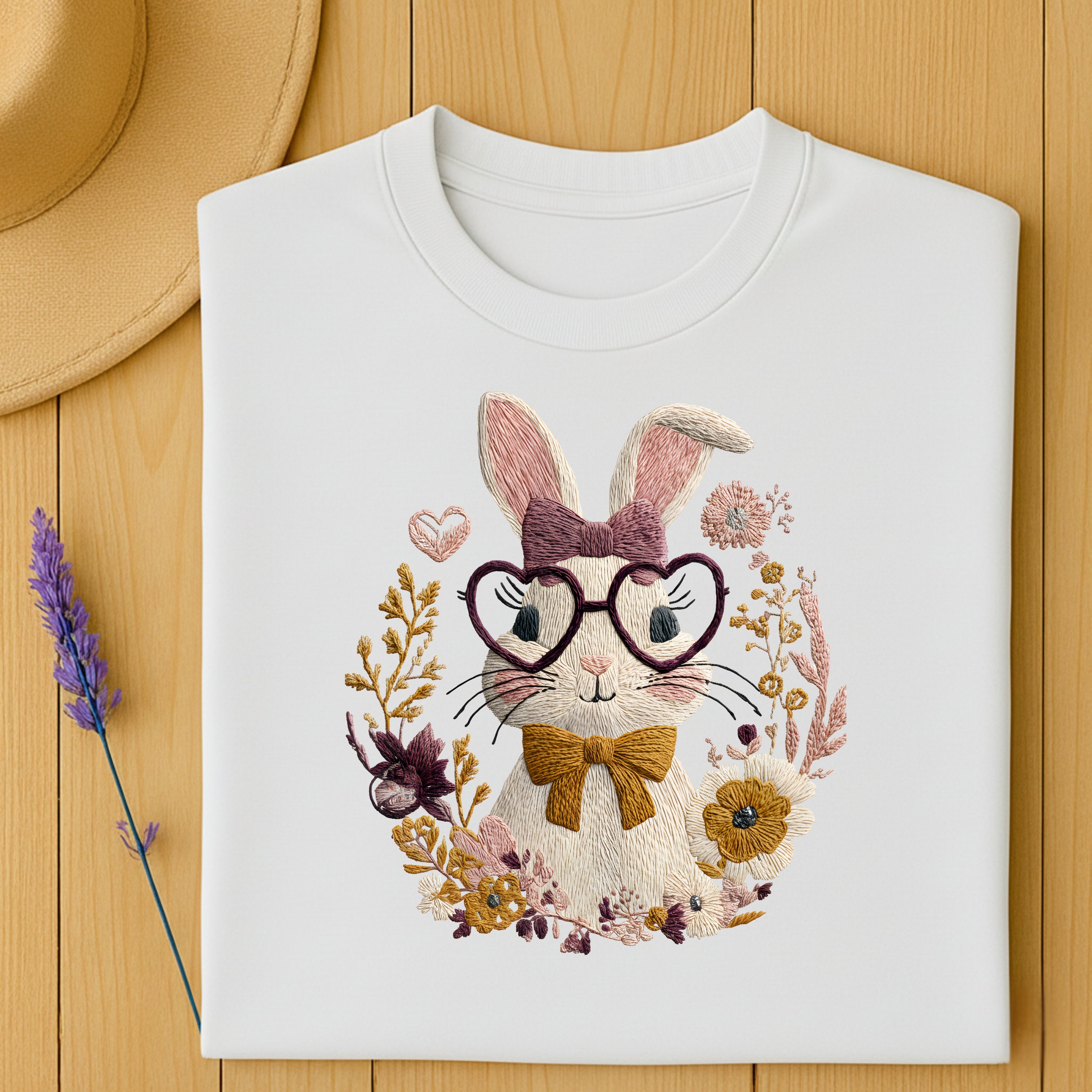 Cute Bunny with Glasses and Floral Pattern T-shirt