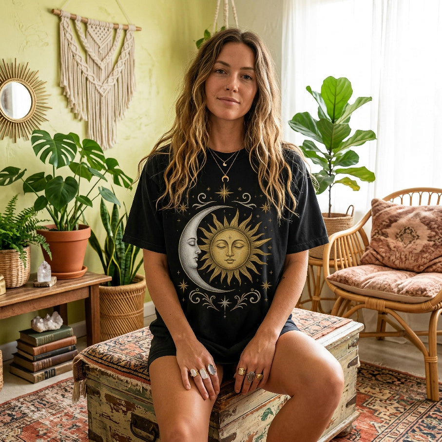 Woman in graphic t-shirt with sun and moon celestial design.