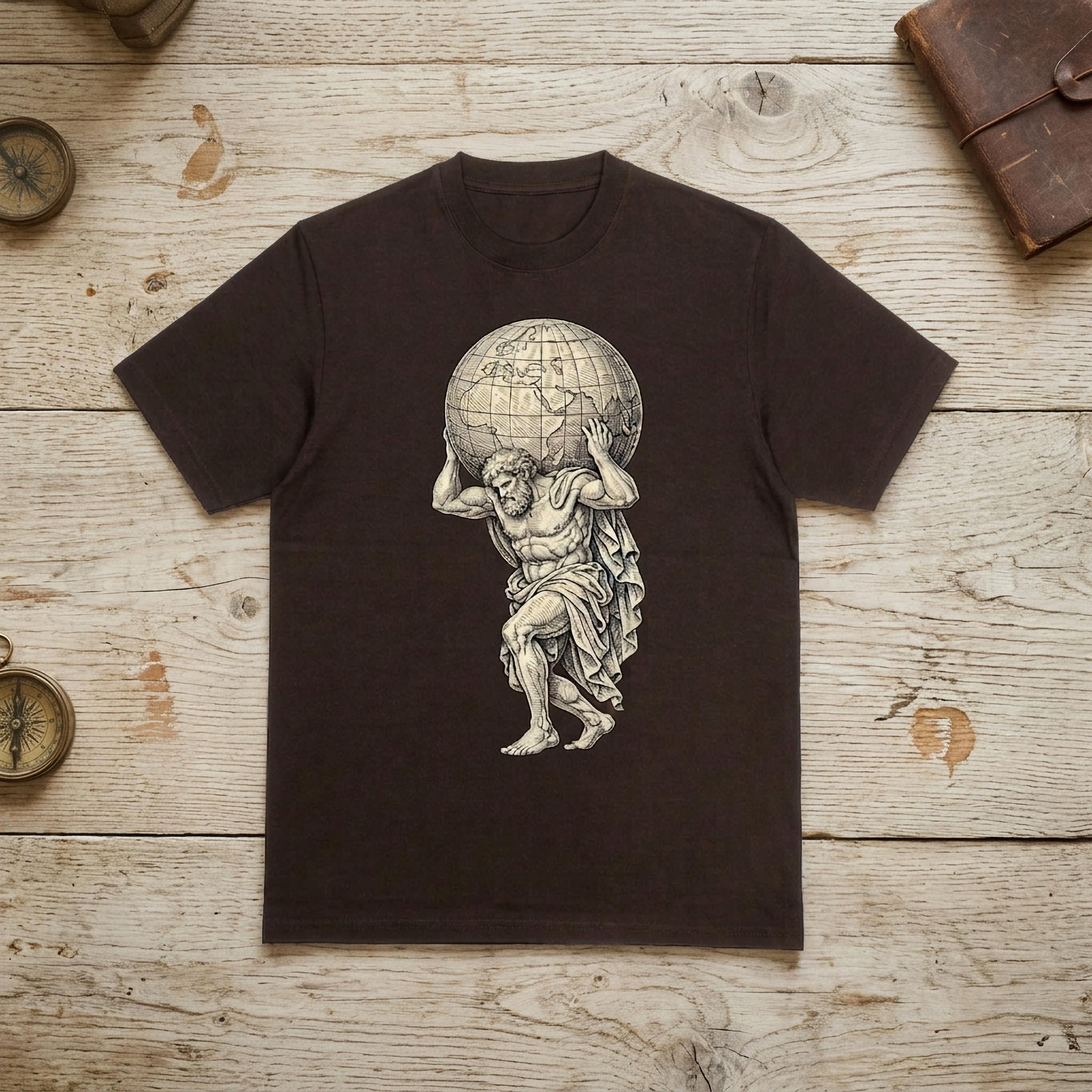 Brown t-shirt with graphic of Atlas holding up the Earth.