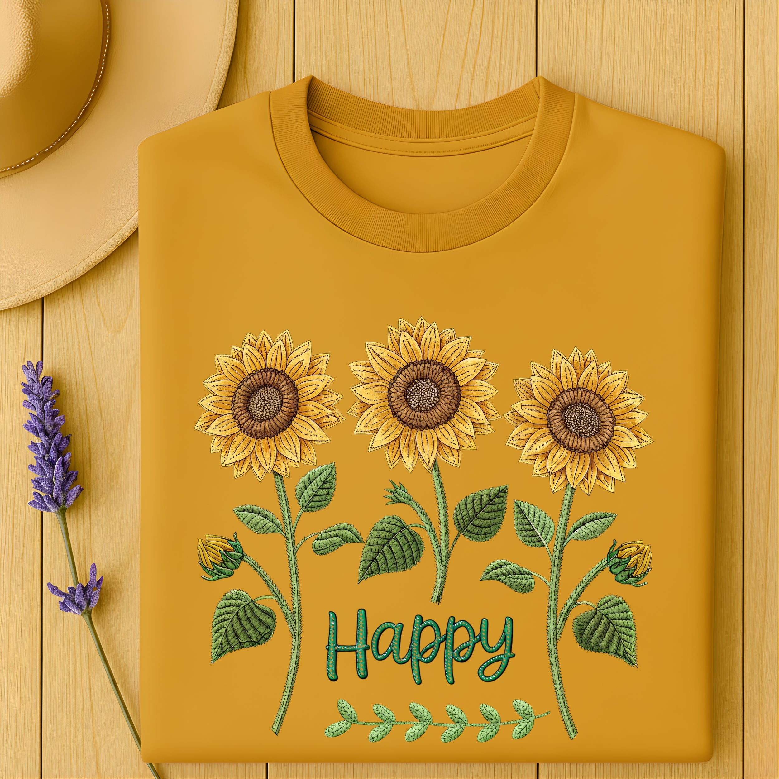 Sunflower and Happy Embroidered Yellow Shirt