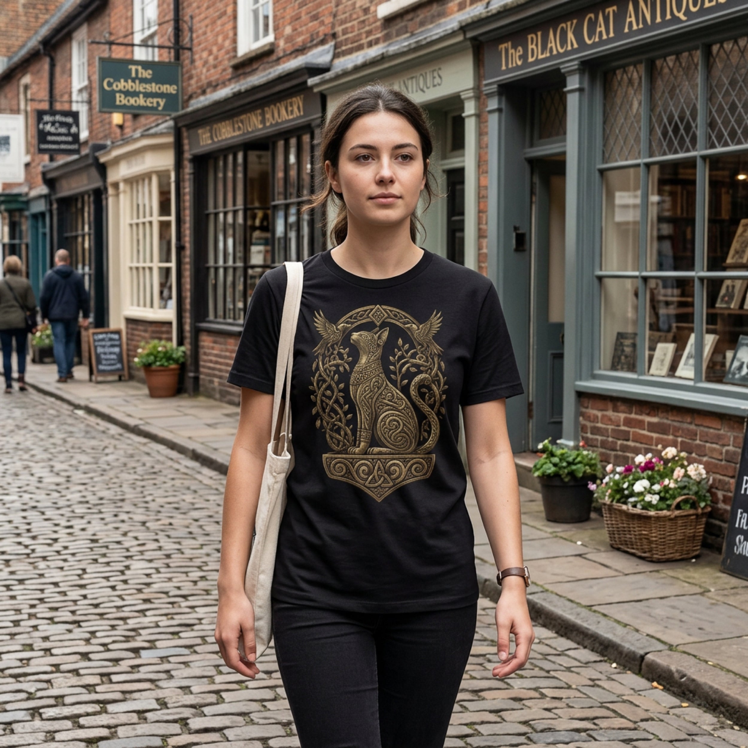 Black t-shirt with gold Celtic knot cat design, walking on cobblestone street.