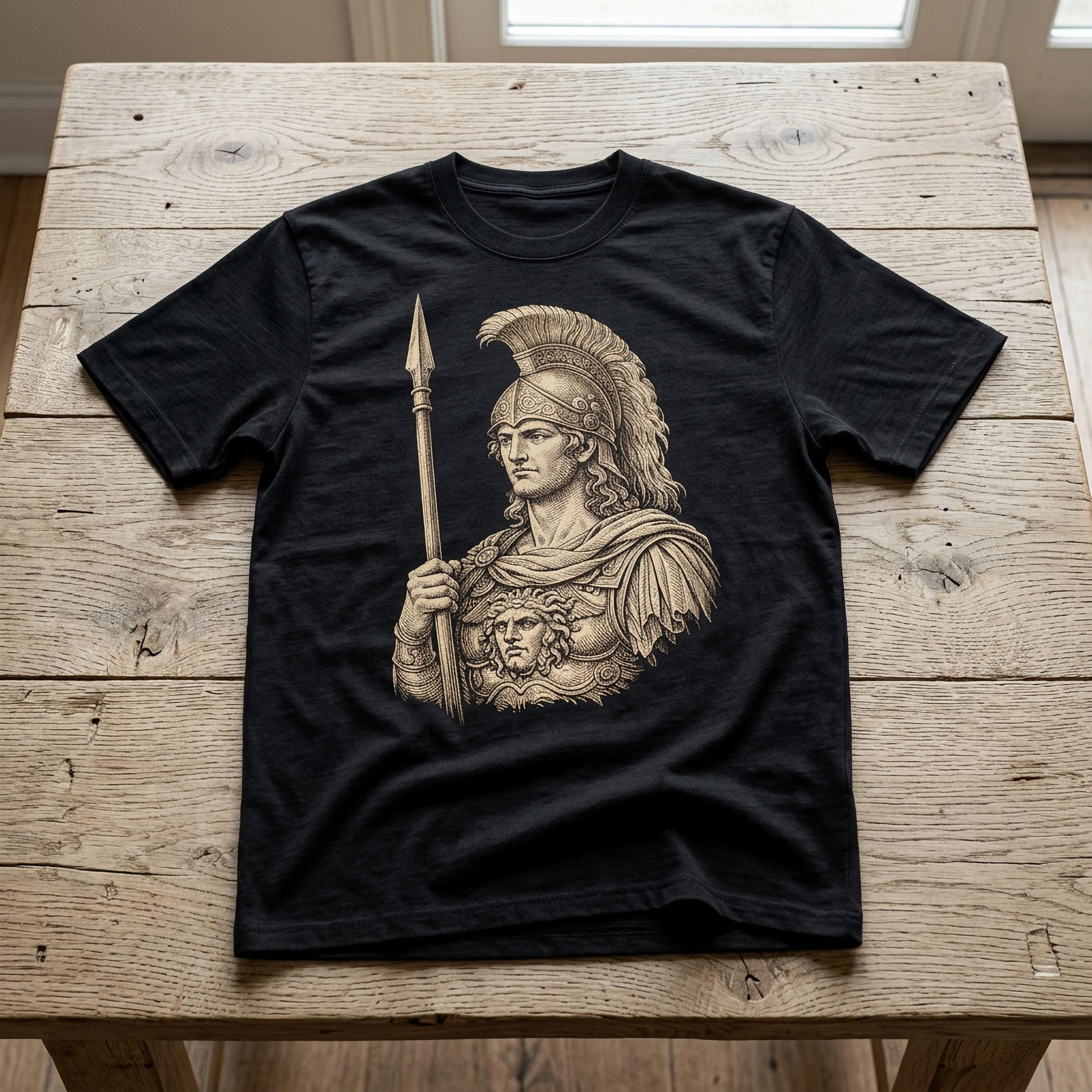 Black t-shirt with illustration of a Greek warrior in armor and helmet.