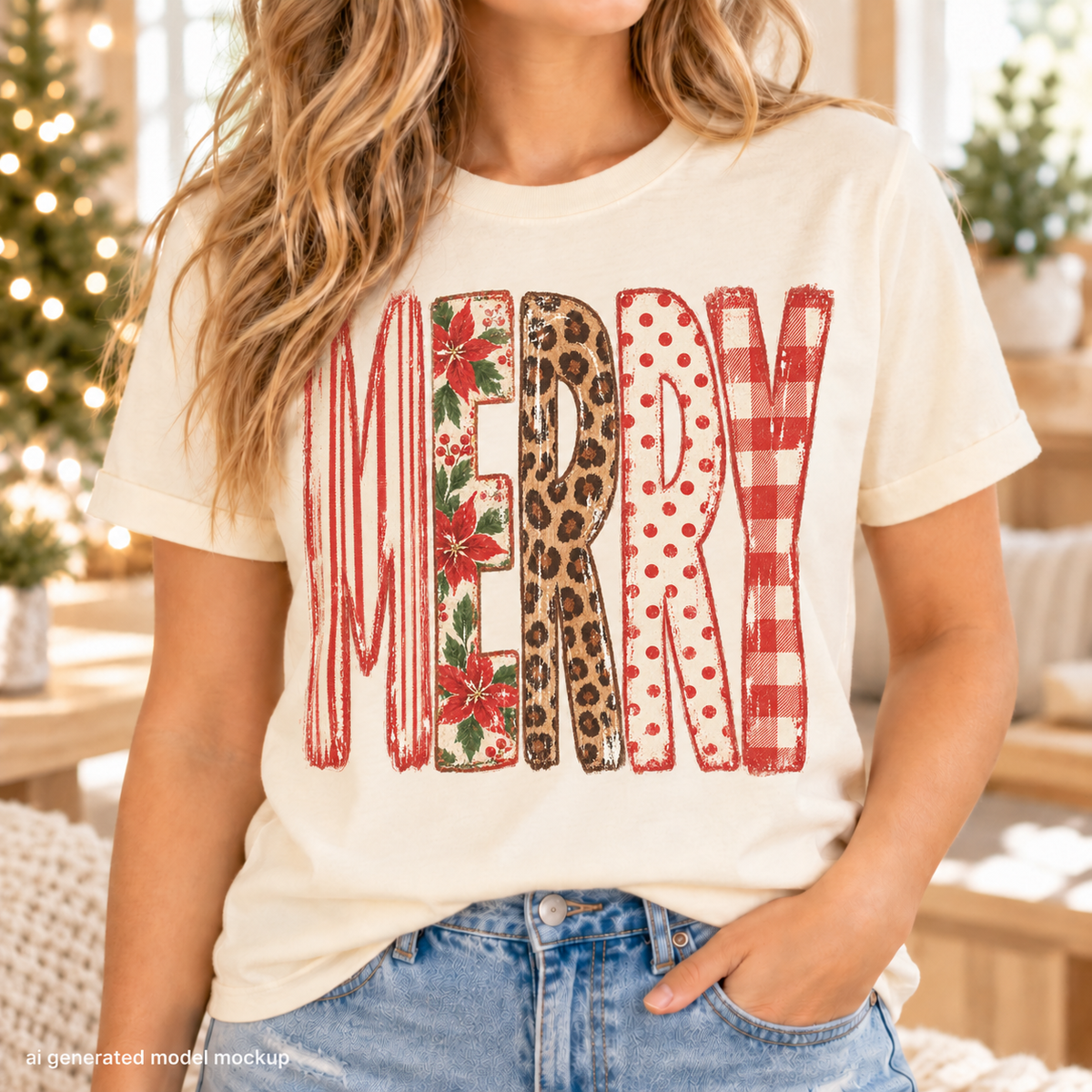 Cream t-shirt with "MERRY" in distressed patterns: stripes, poinsettias, leopard, polka dots, gingham.