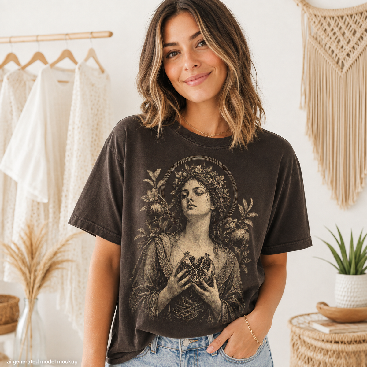 Dark t-shirt with a vintage illustration of a woman holding a pomegranate.