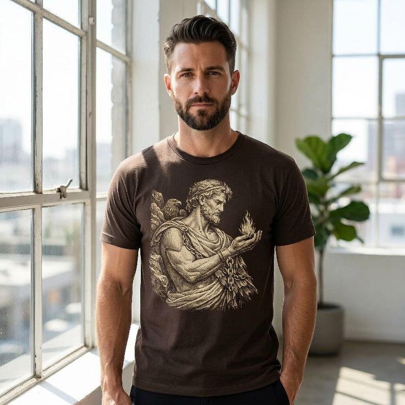 Man wearing dark brown t-shirt with Prometheus design.
