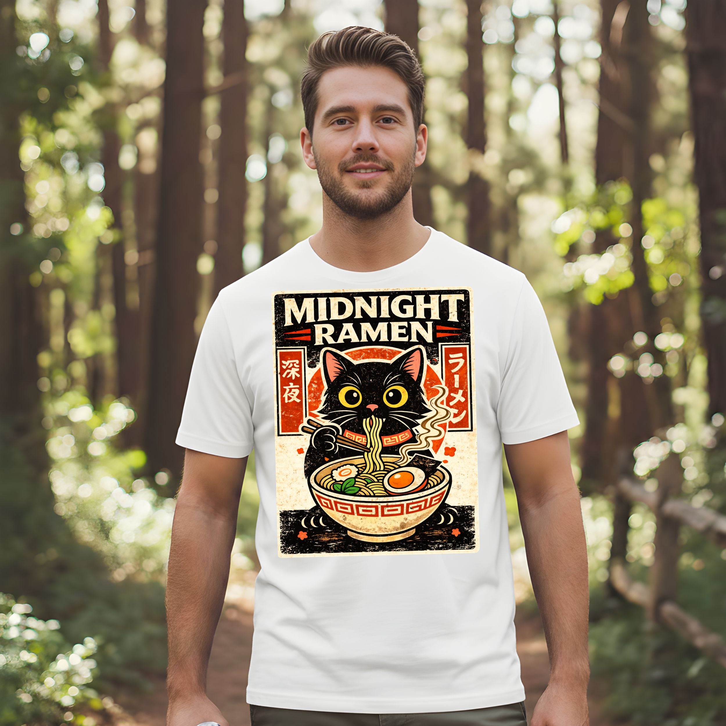 Midnight Ramen Cat Graphic T-Shirt for Men and Women