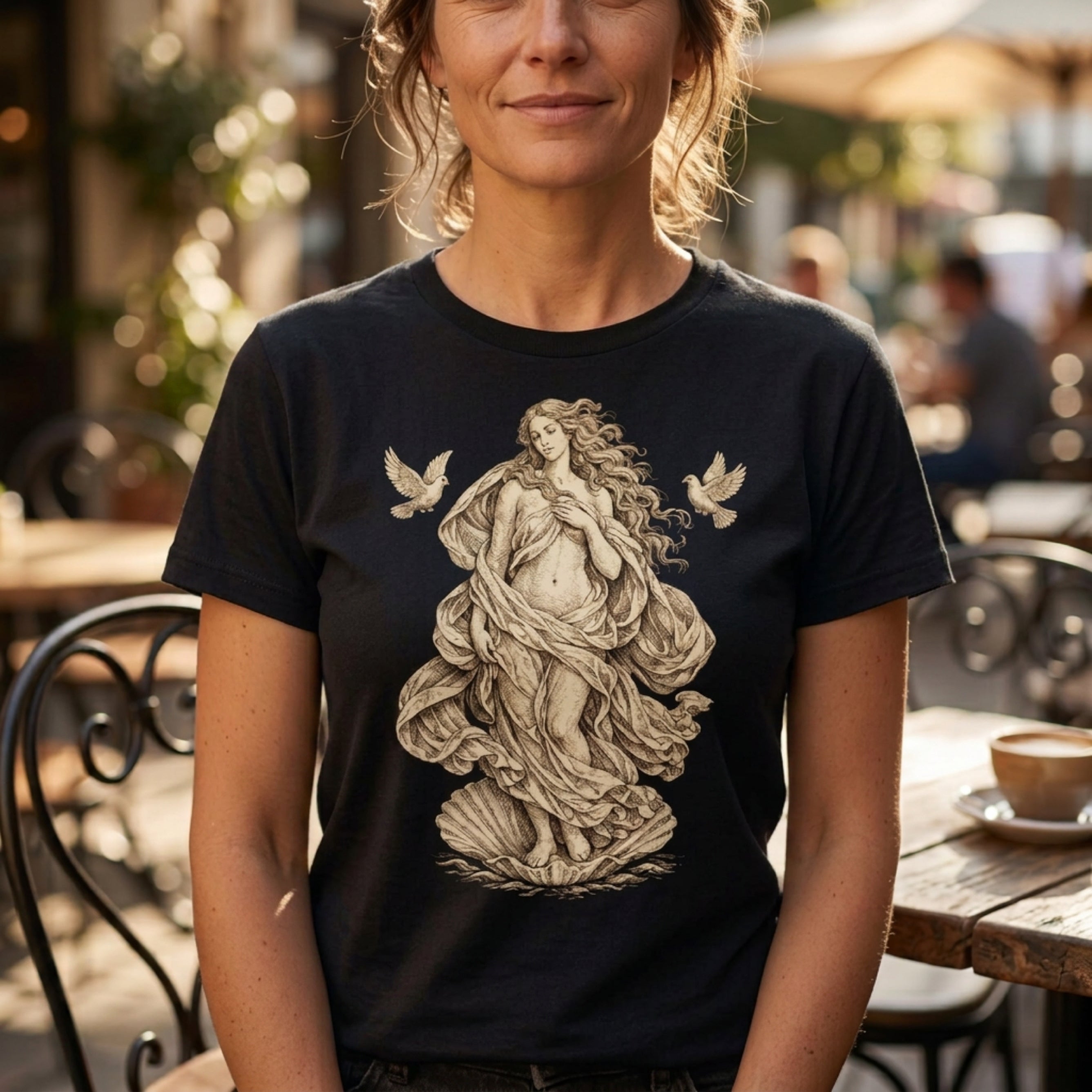 Black t-shirt with illustration of Venus on a seashell between two doves.