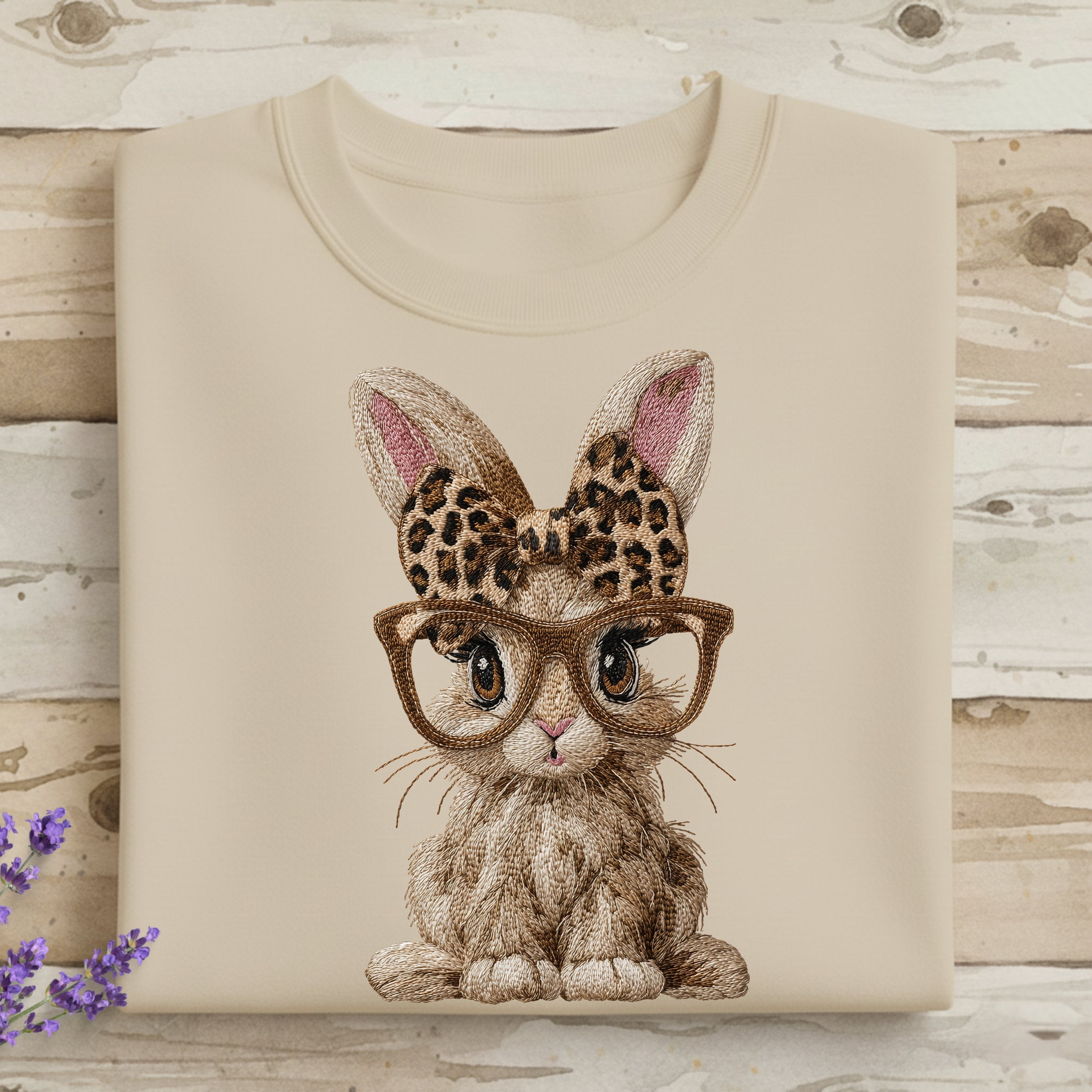 Cute Bunny with Glasses and Bow Embroidered Shirt