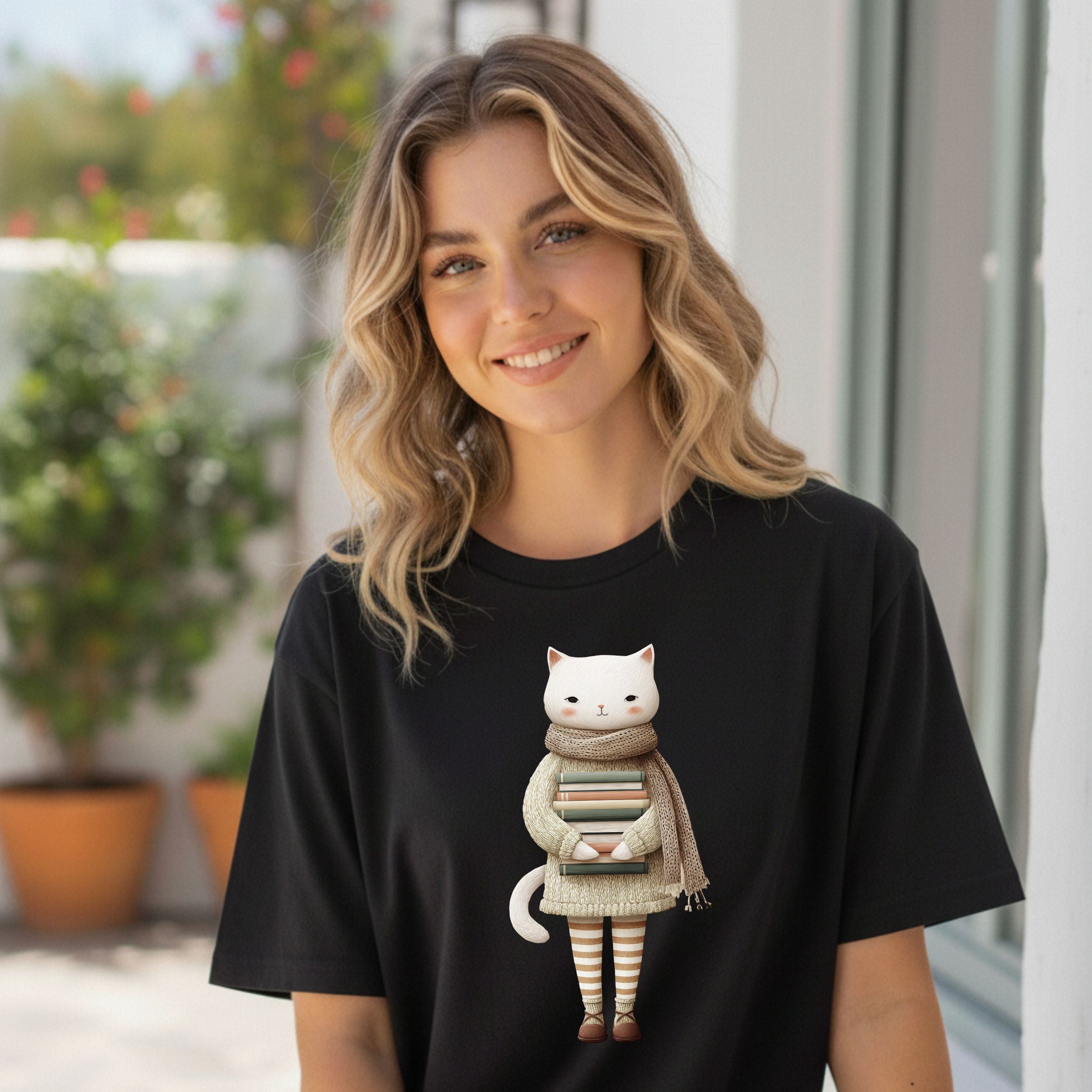 Cute Cat Holding Books T-Shirt for Literature Lovers