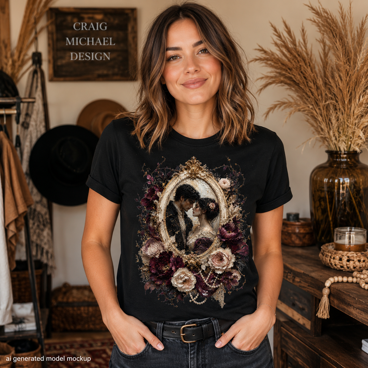 Black t-shirt with oval portrait of a couple surrounded by ornate flowers.