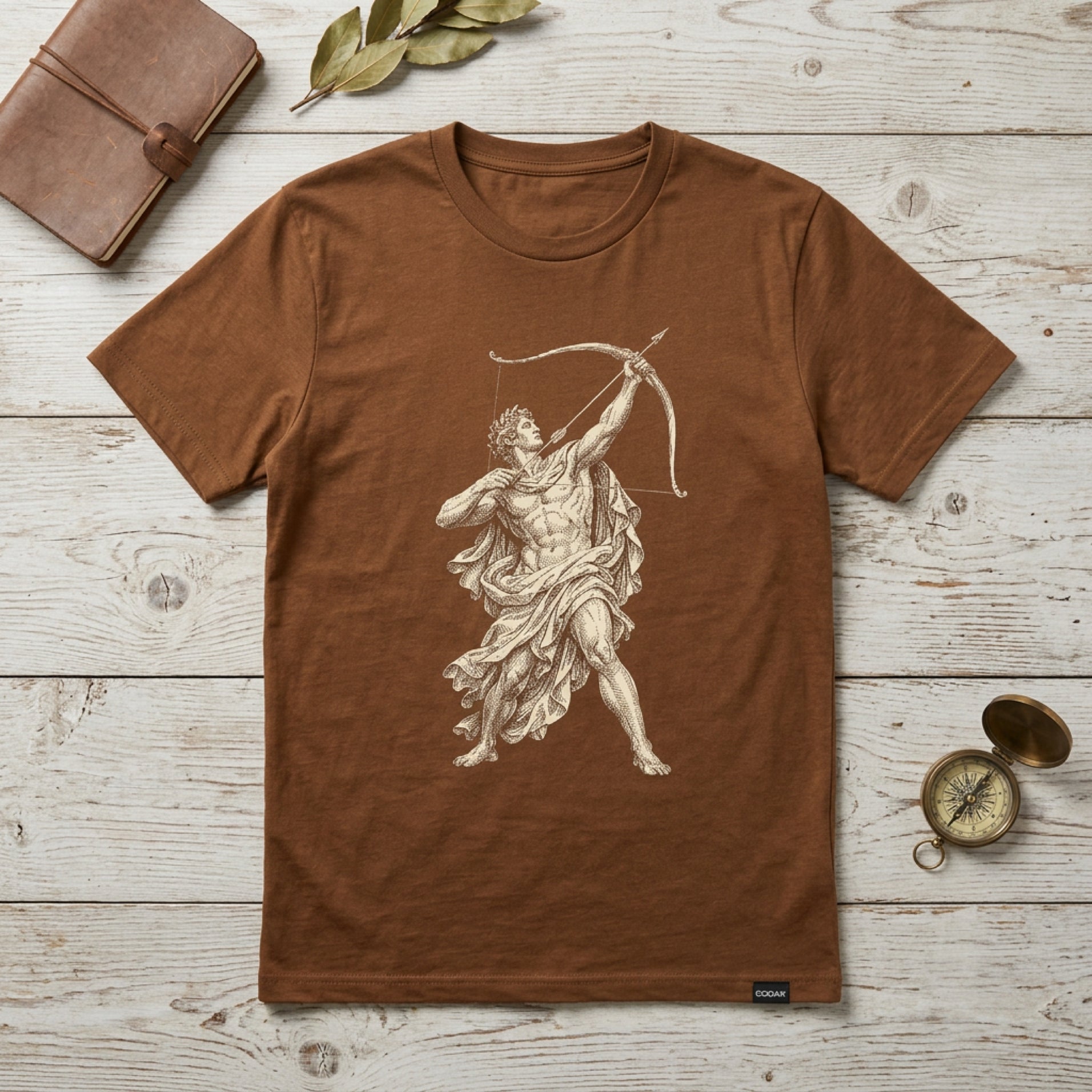 Brown t-shirt with Sagittarius zodiac constellation graphic.