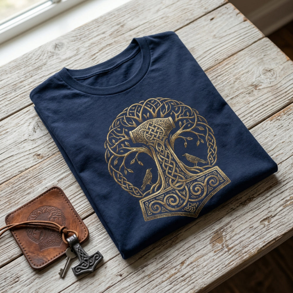 Navy t-shirt with gold Thor's Hammer and Yggdrasil design.