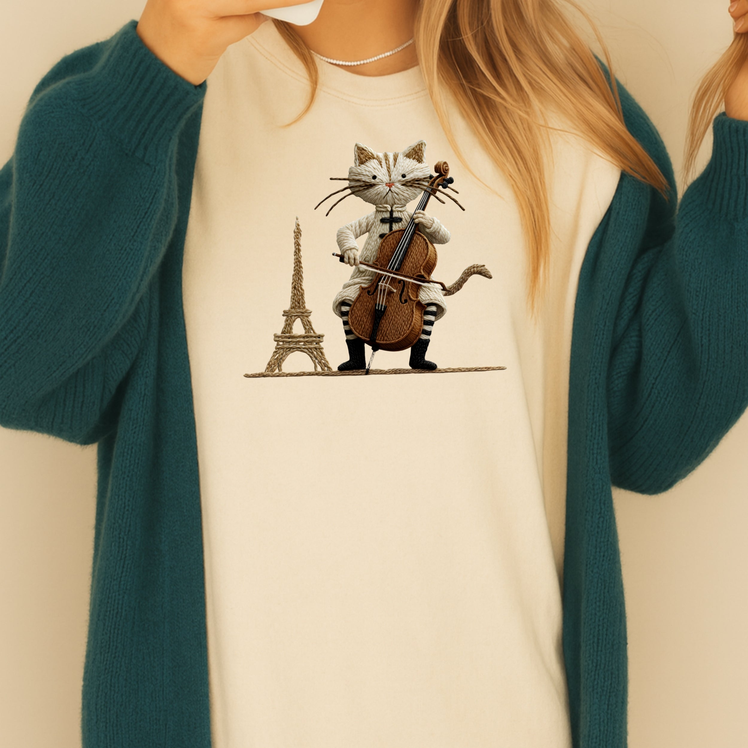 Cat Playing Cello with Eiffel Tower Artwork Shirt