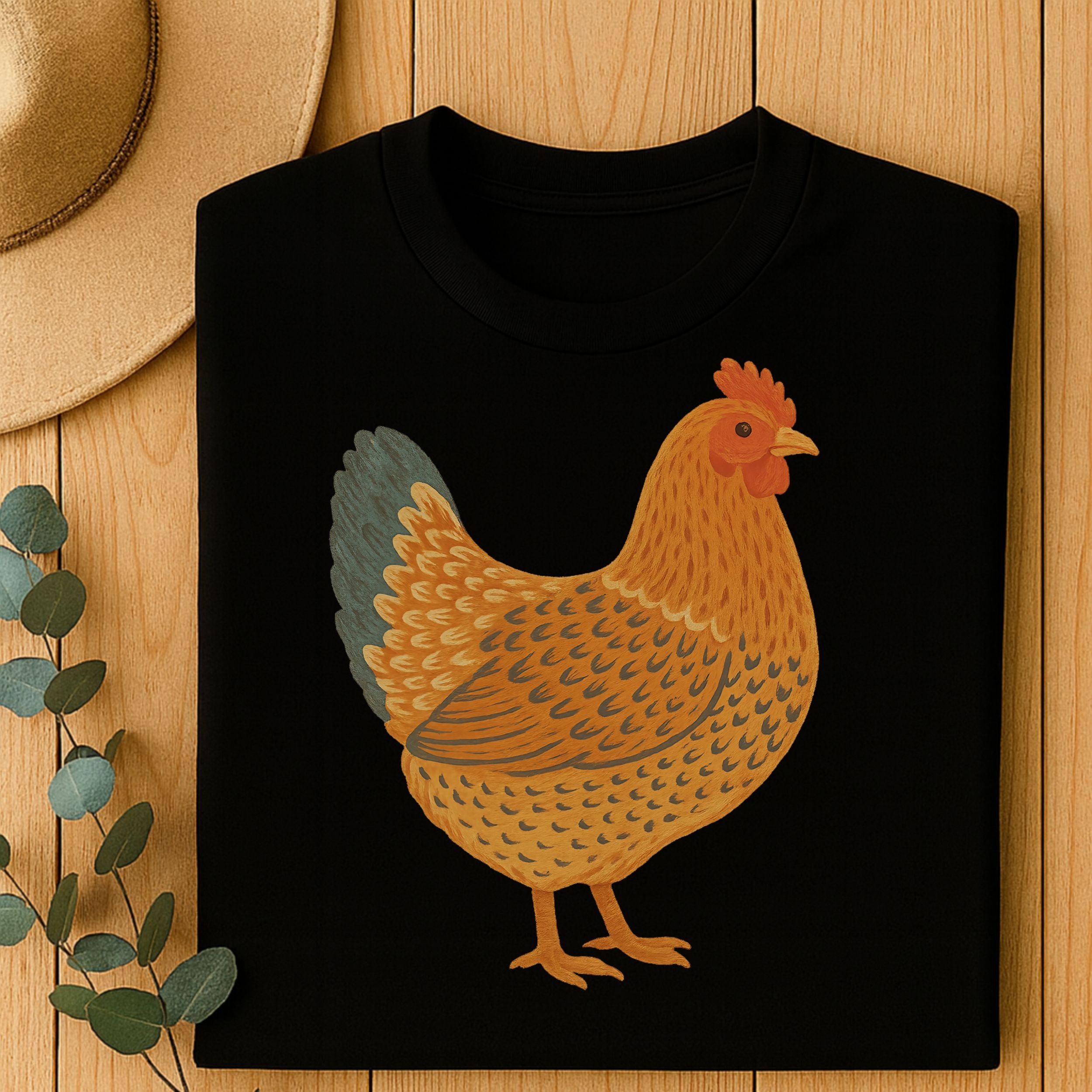 Black T-Shirt with Illustrated Chicken Design