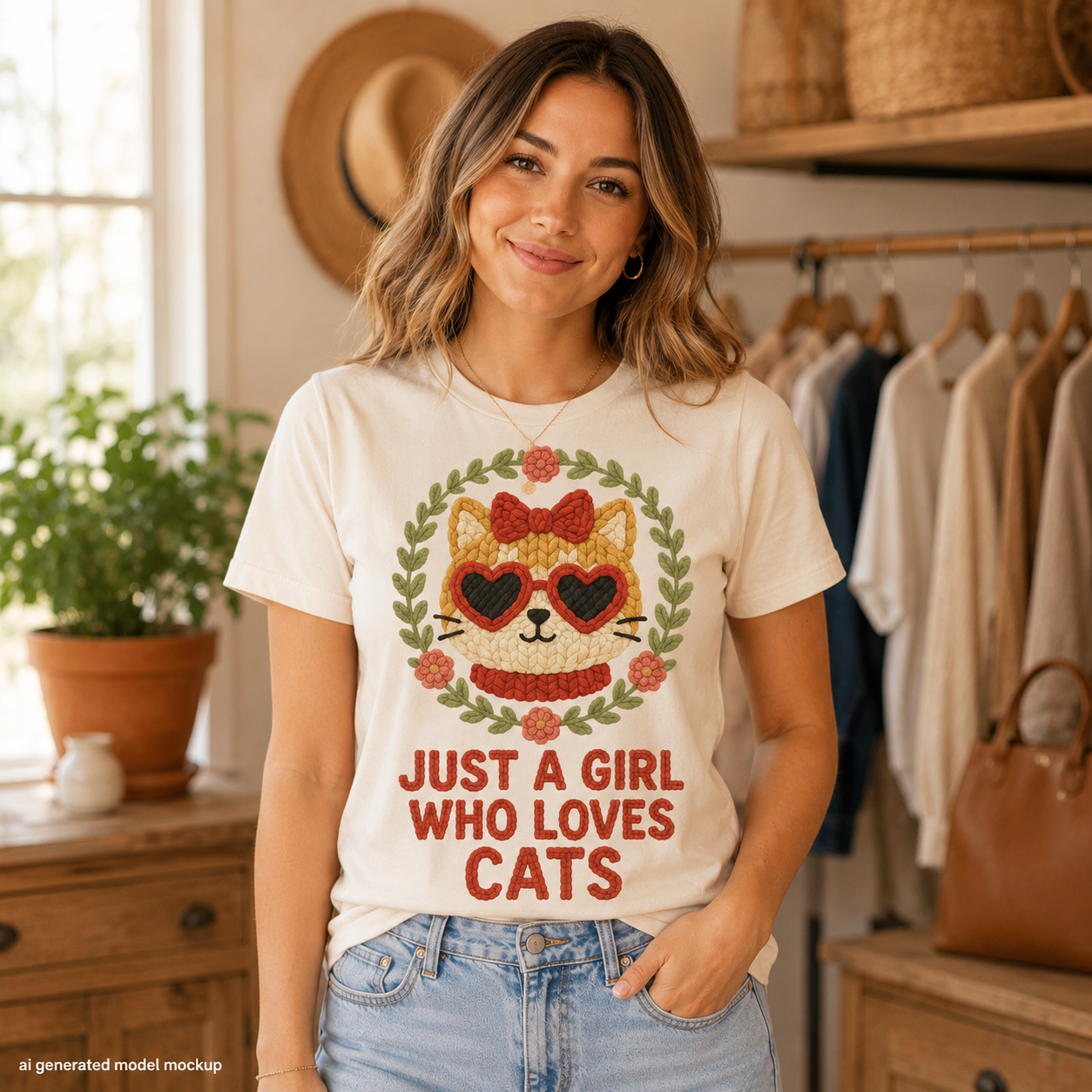Just a Girl Who Loves Cats Faux Knitted Graphic Tee