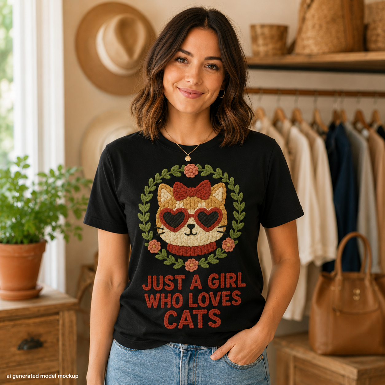 Just a Girl Who Loves Cats Faux Knitted Graphic Tee