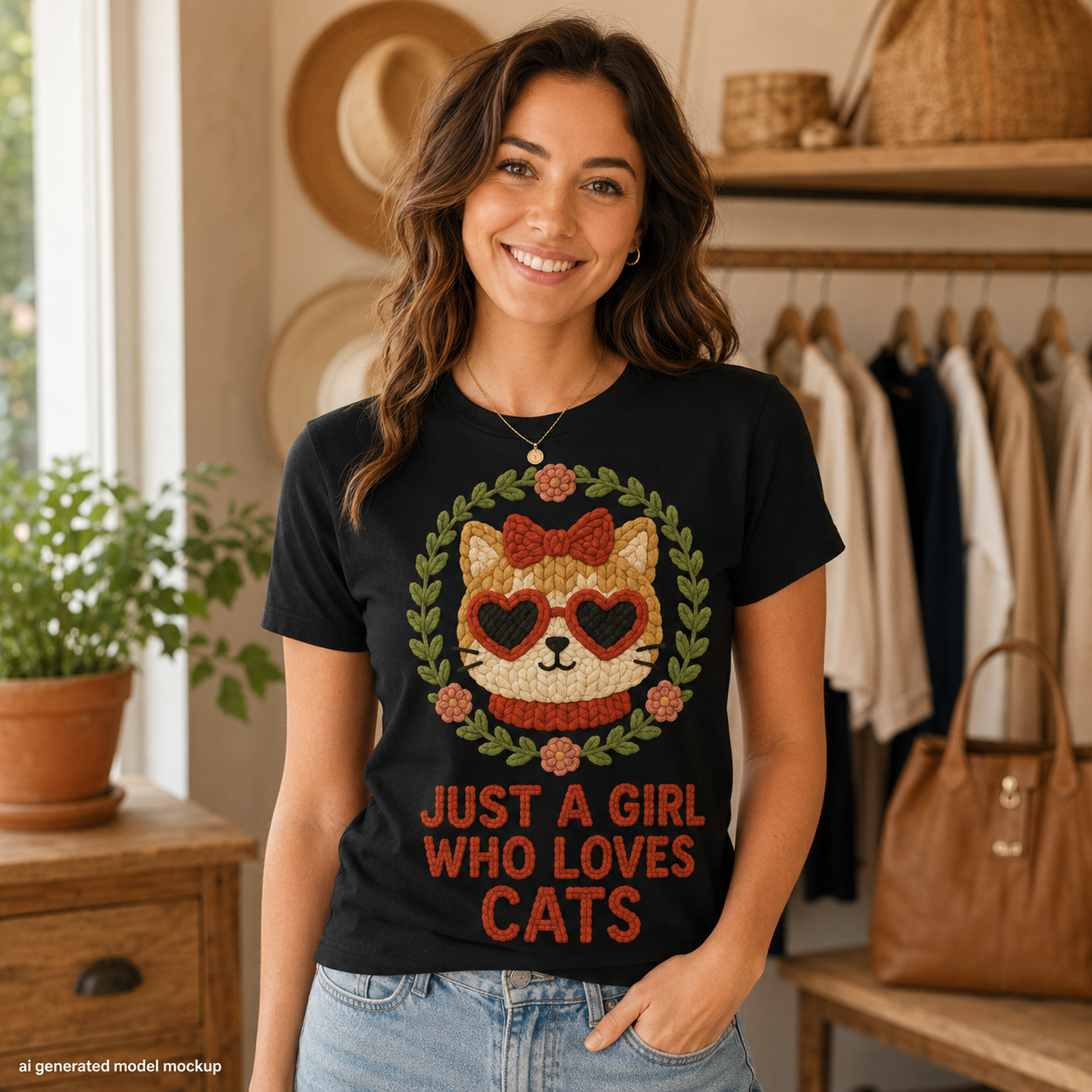 Just a Girl Who Loves Cats Faux Knitted Graphic Tee