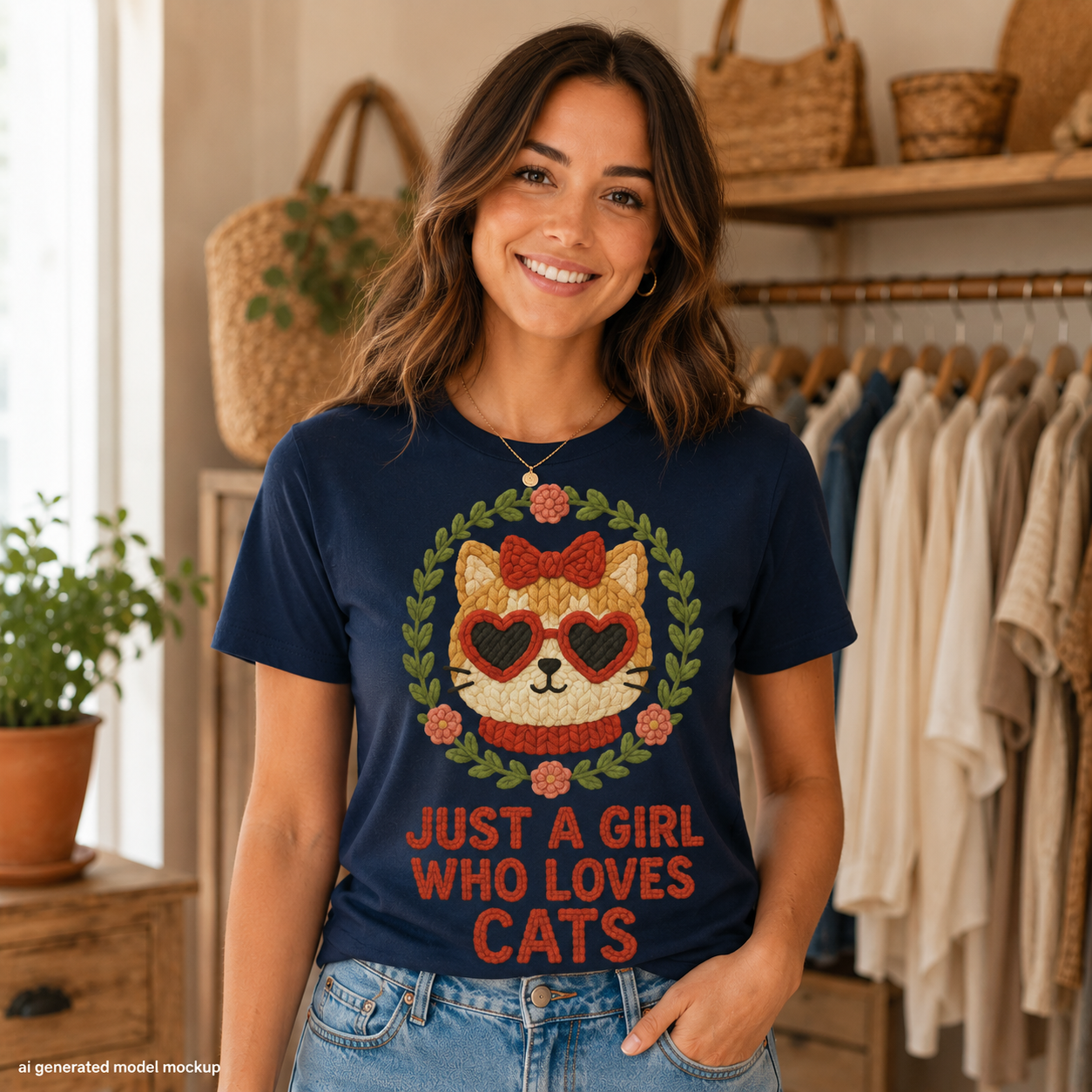 Just a Girl Who Loves Cats Faux Knitted Graphic Tee