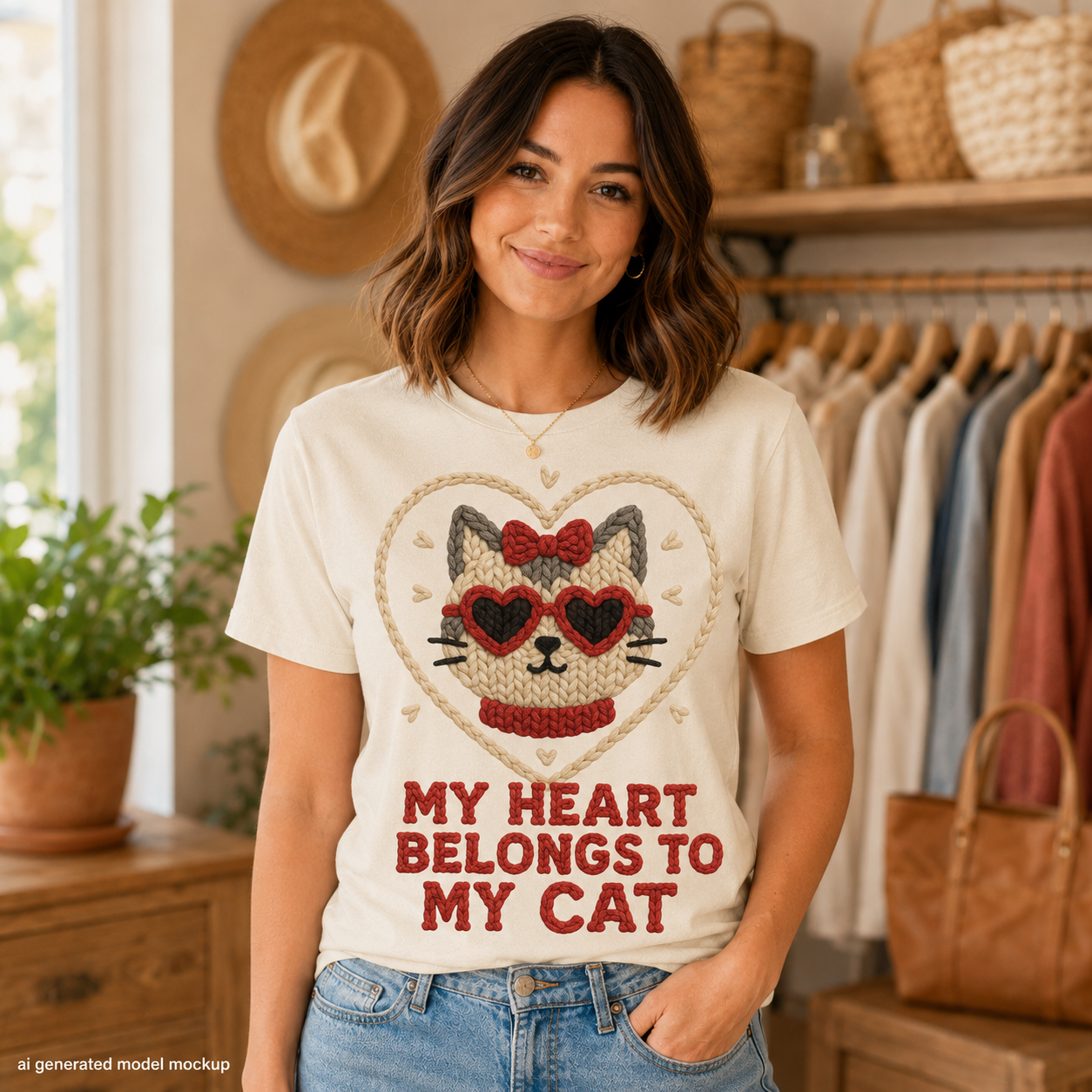 My Heart Belongs to My Cat Faux Knitted Graphic Tee