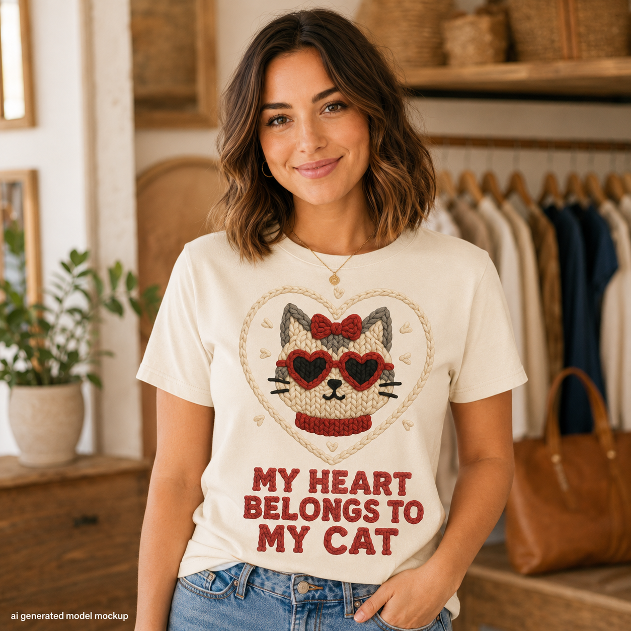 My Heart Belongs to My Cat Faux Knitted Graphic Tee
