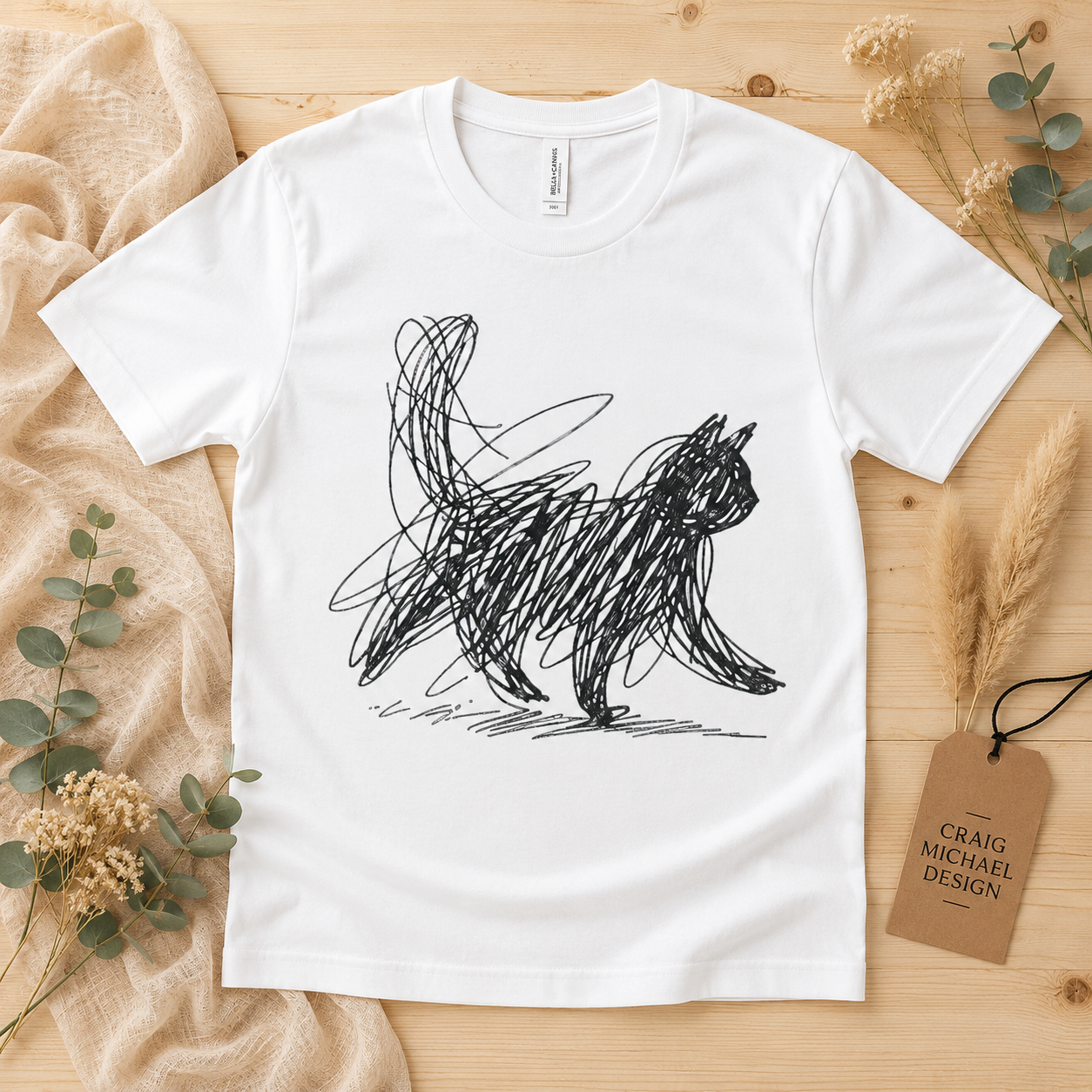 Quirky Cat Scribble Shirt, Minimalist Black Cat T Shirt