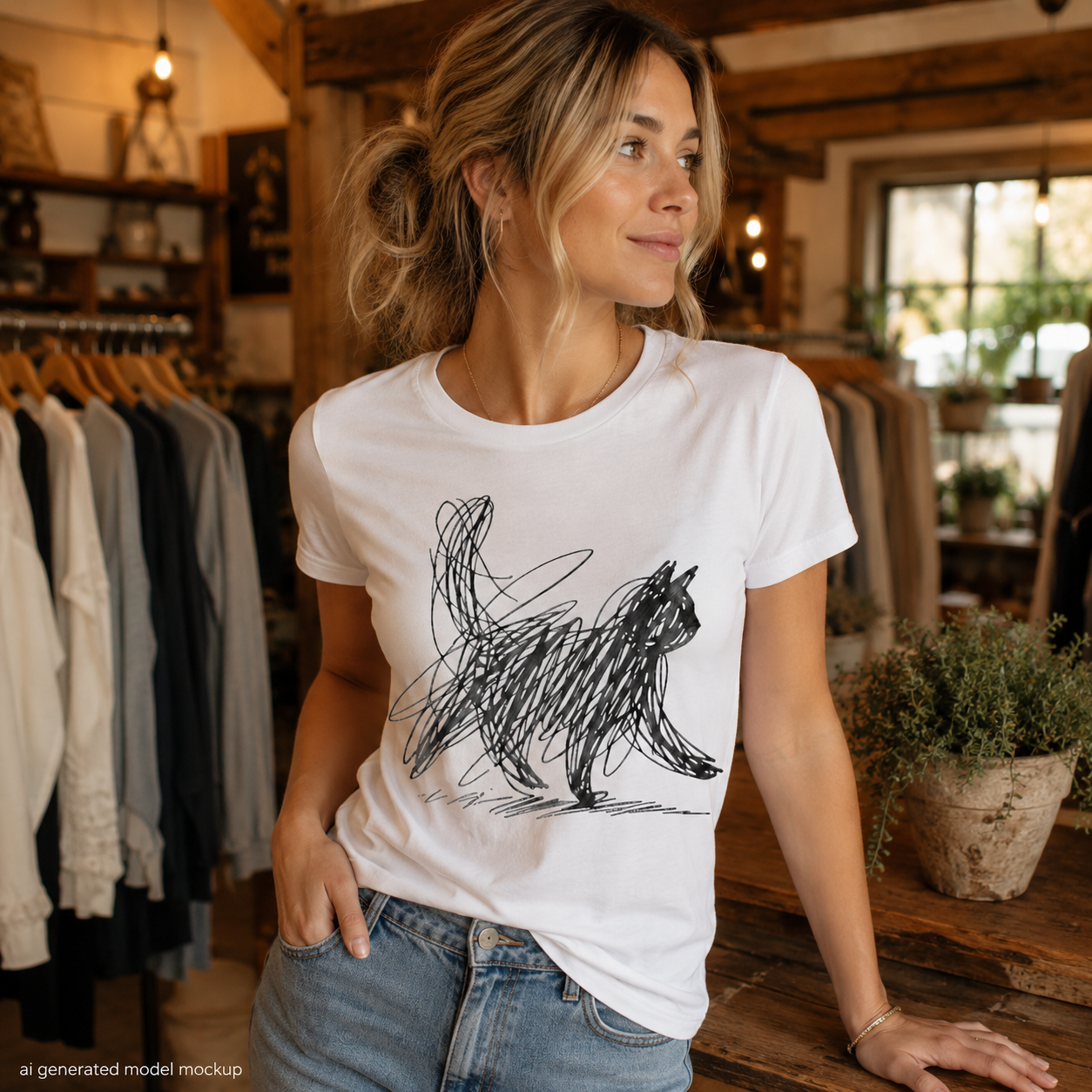 Quirky Cat Scribble Shirt, Minimalist Black Cat T Shirt