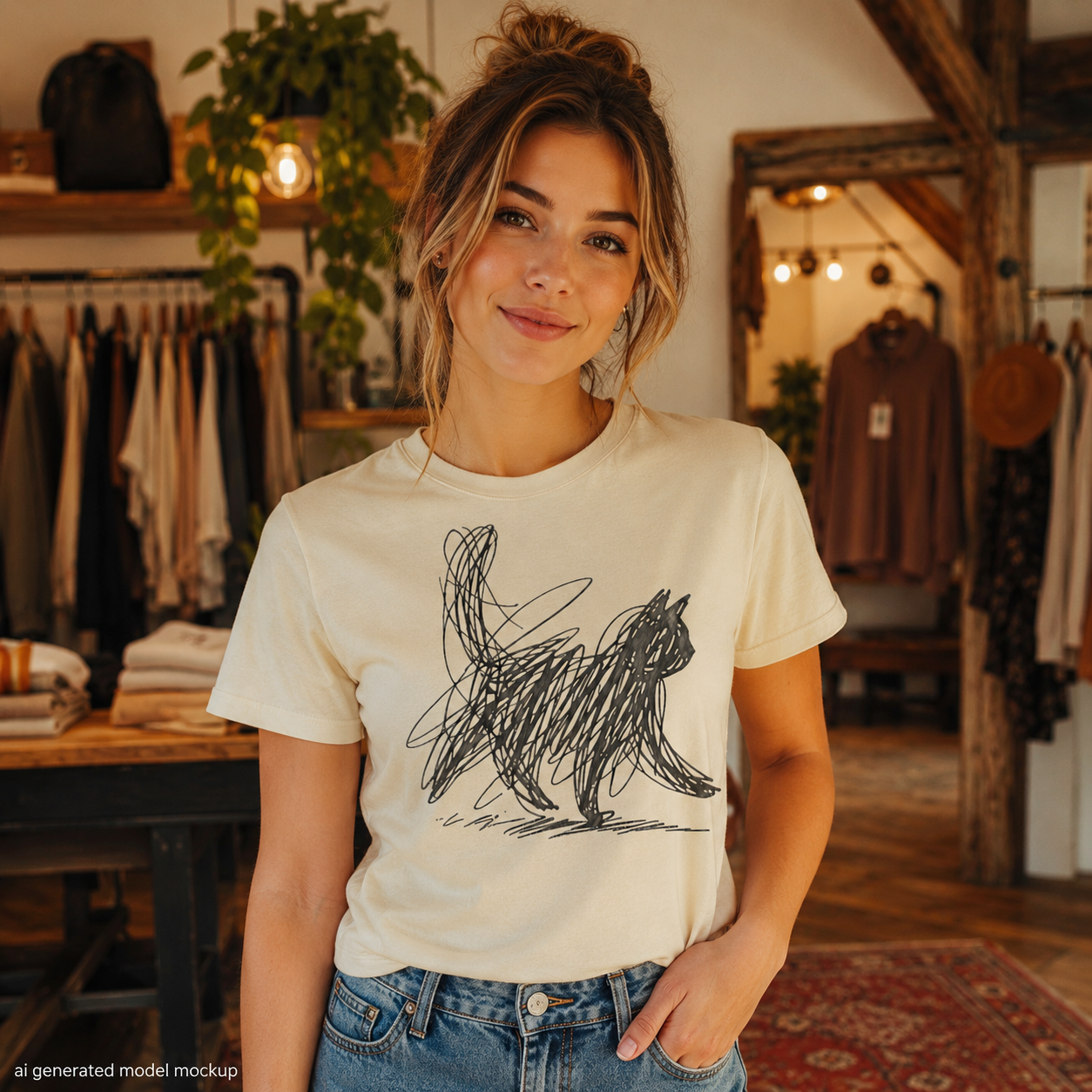 Quirky Cat Scribble Shirt, Minimalist Black Cat T Shirt