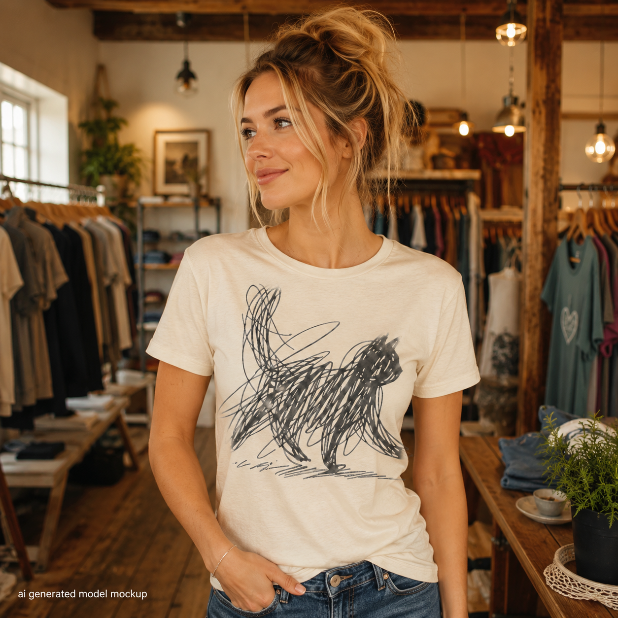 Quirky Cat Scribble Shirt, Minimalist Black Cat T Shirt