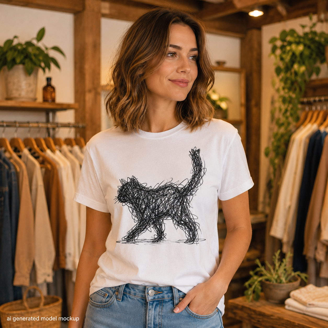 Minimalist Scribble Art Cat T-Shirt