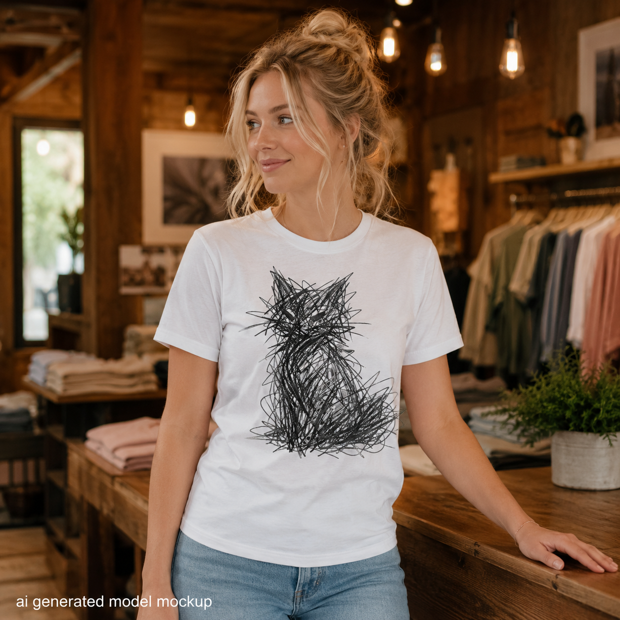 Abstract Cat T-Shirt, Minimalist Scribble Art Shirt