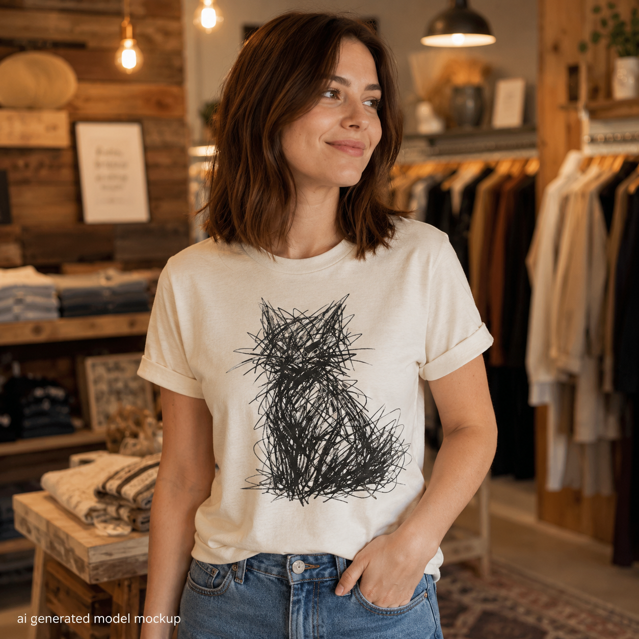 Abstract Cat T-Shirt, Minimalist Scribble Art Shirt