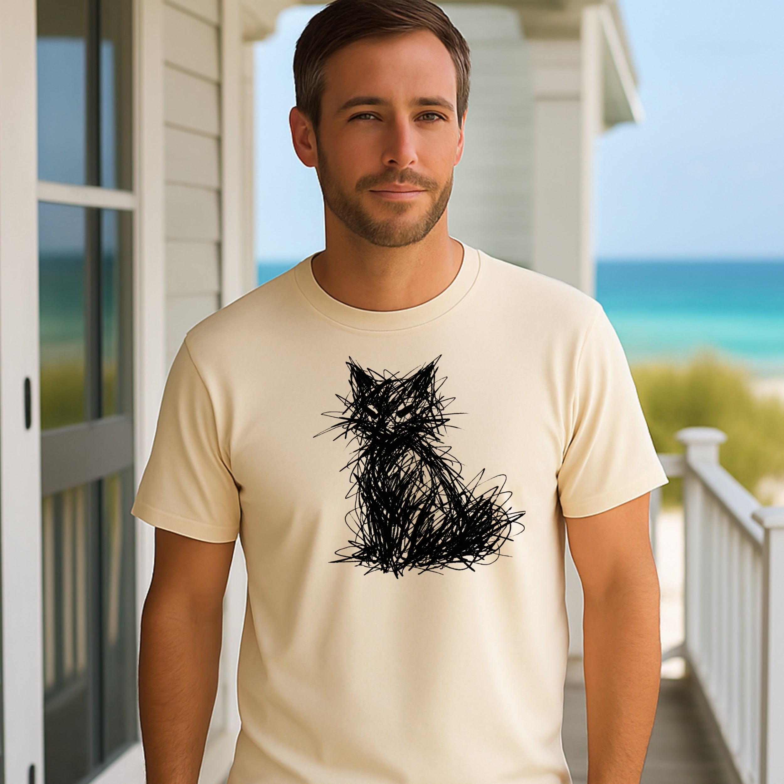 Scribble Art Cat Graphic Design T-Shirt
