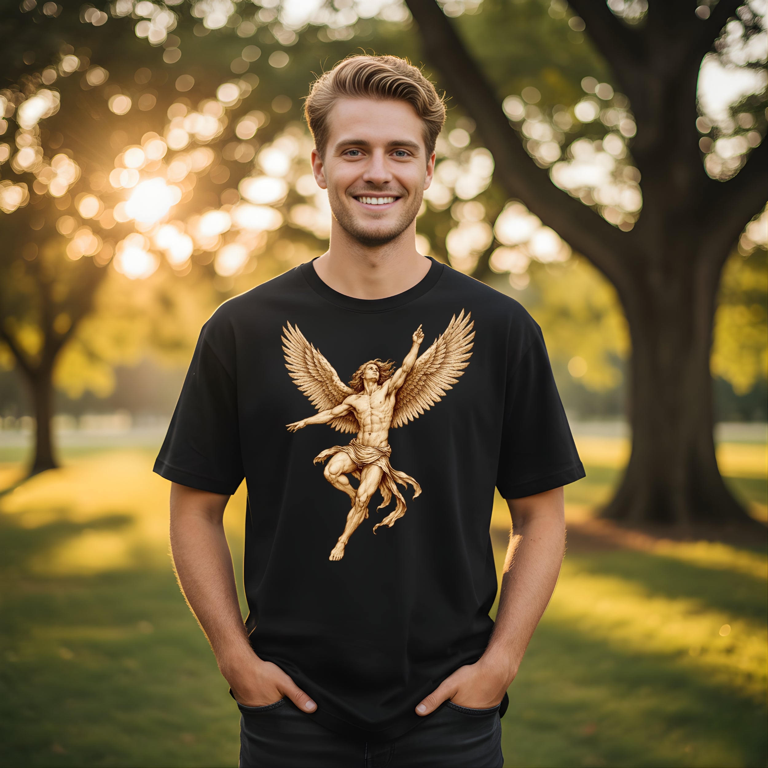 Golden Winged Angel Statue Print Black Shirt