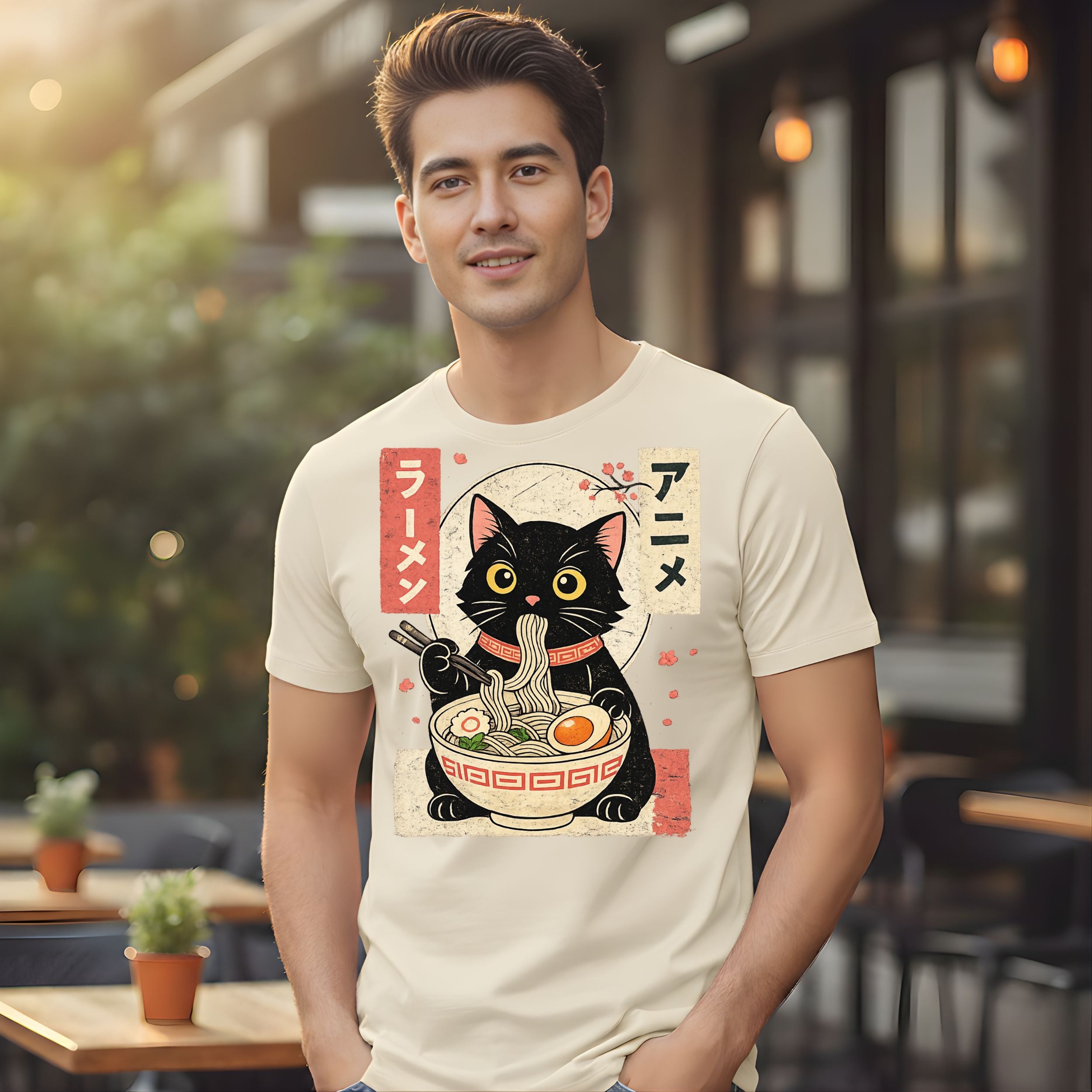 Cute Black Cat Eating Ramen Retro Style Anime Shirt