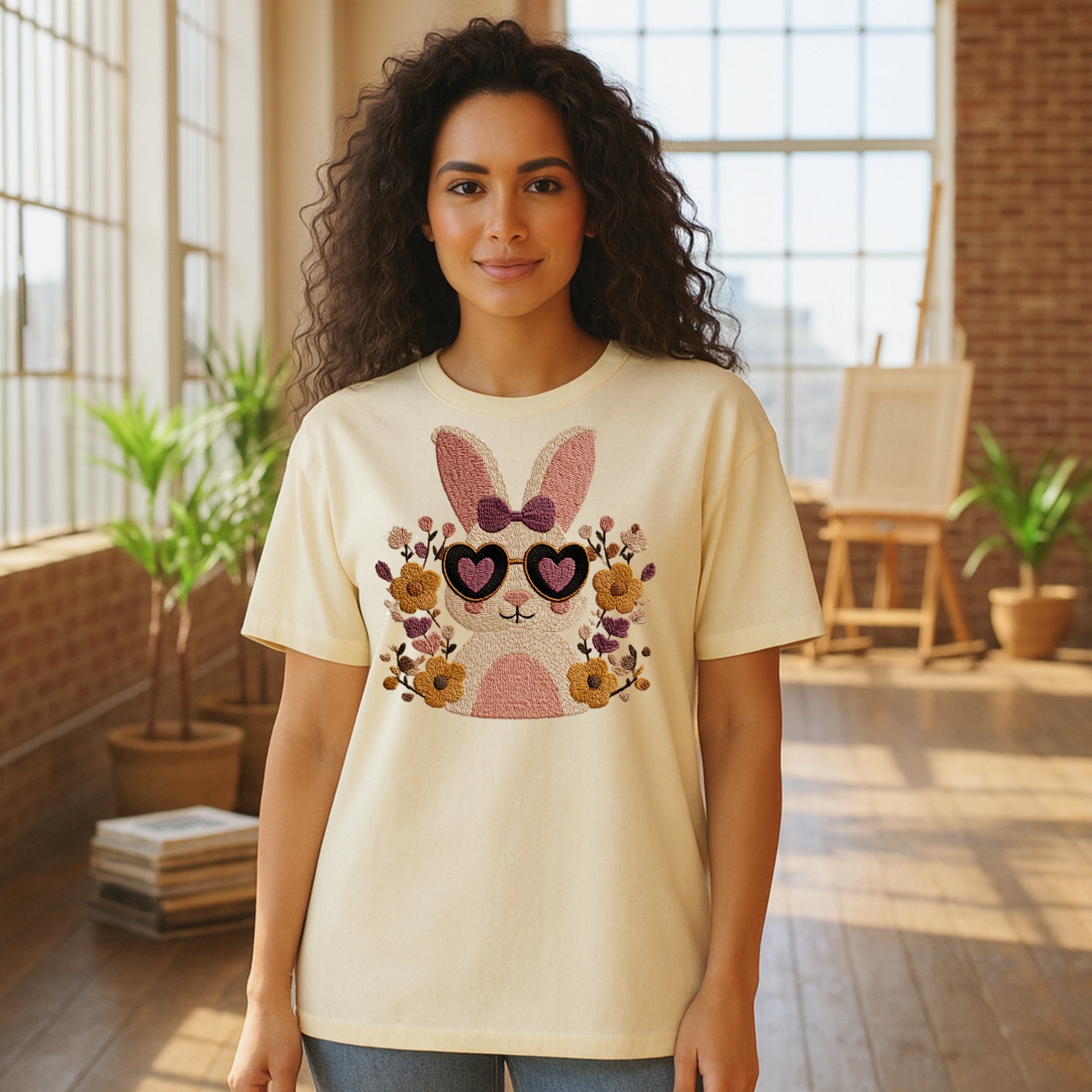 Cute Bunny with Sunglasses and Floral Design T-shirt