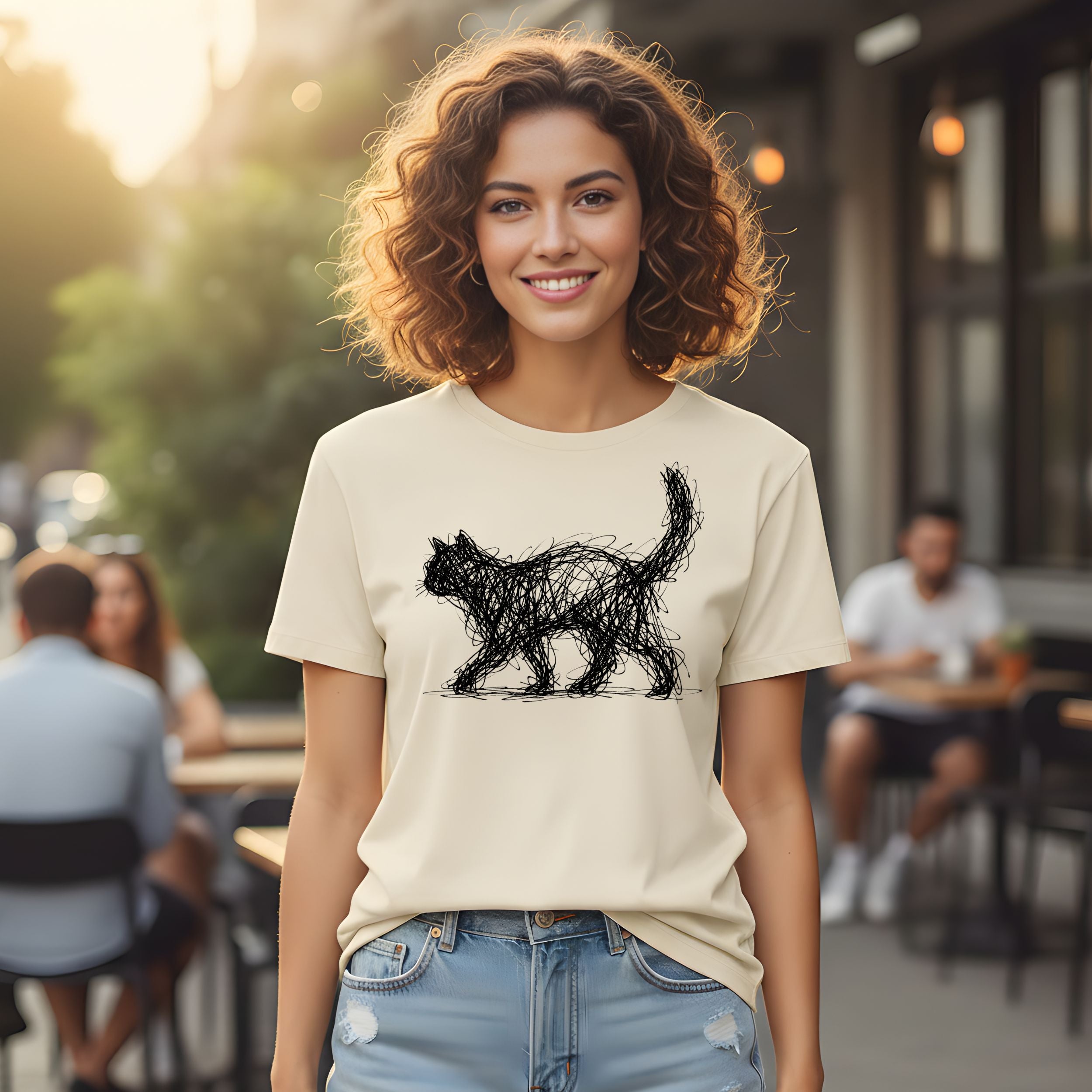 Scribble Cat Design Casual Tee for Everyday Wear